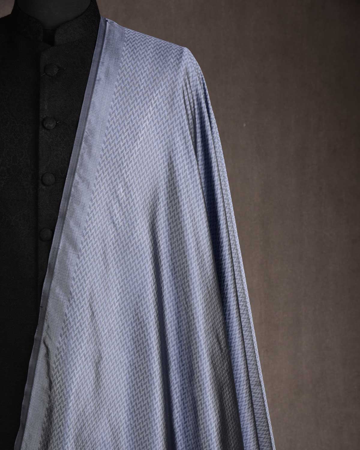 Gray Banarasi Herringbone Tanchoi Handwoven Katan Silk Fabric-HolyWeaves