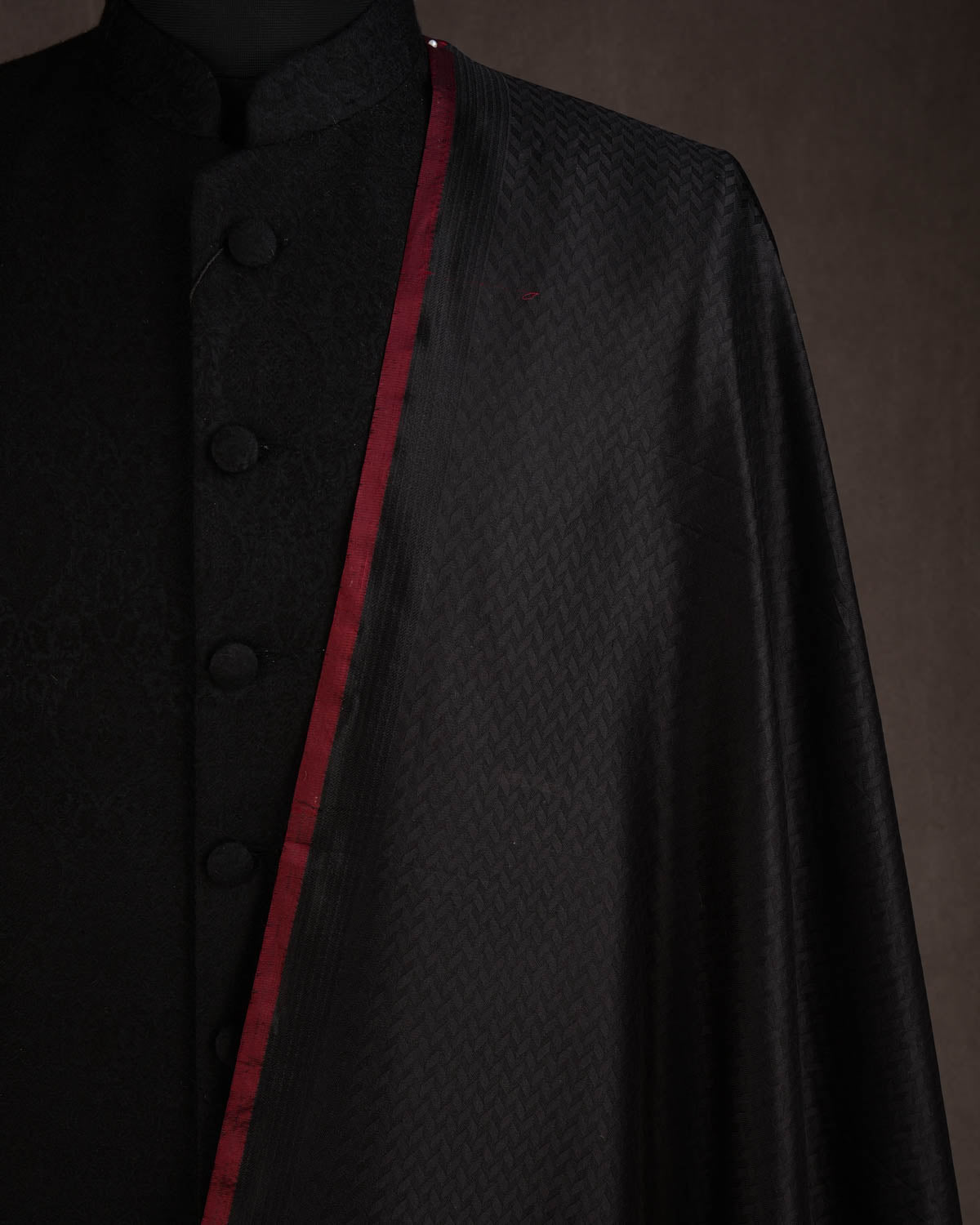 Black Herring Bone Tanchoi Handwoven Katan Silk Banarasi Fabric-HolyWeaves