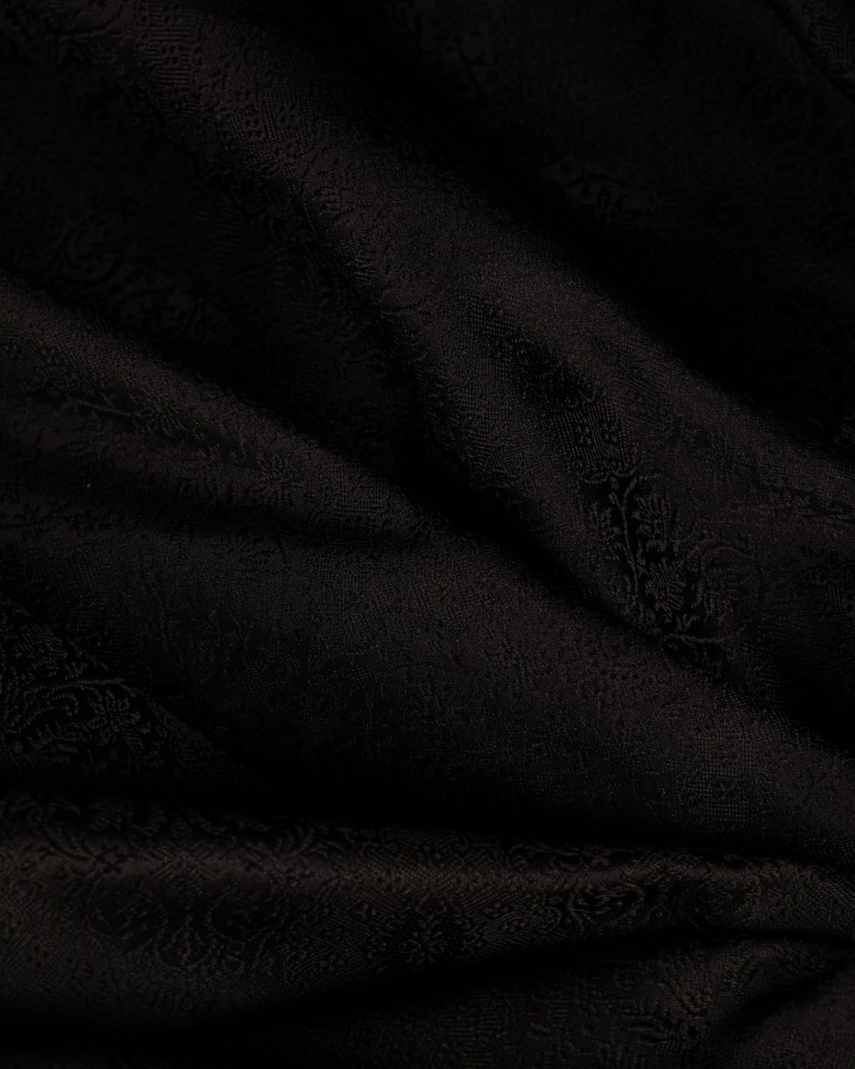 Black Damask Satin Tanchoi Handwoven Katan Silk Banarasi Fabric-HolyWeaves