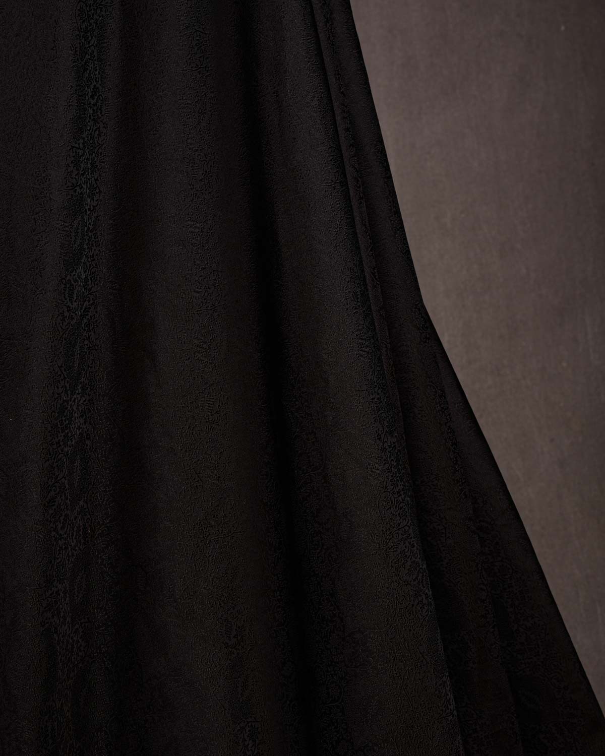 Black Damask Satin Tanchoi Handwoven Katan Silk Banarasi Fabric-HolyWeaves