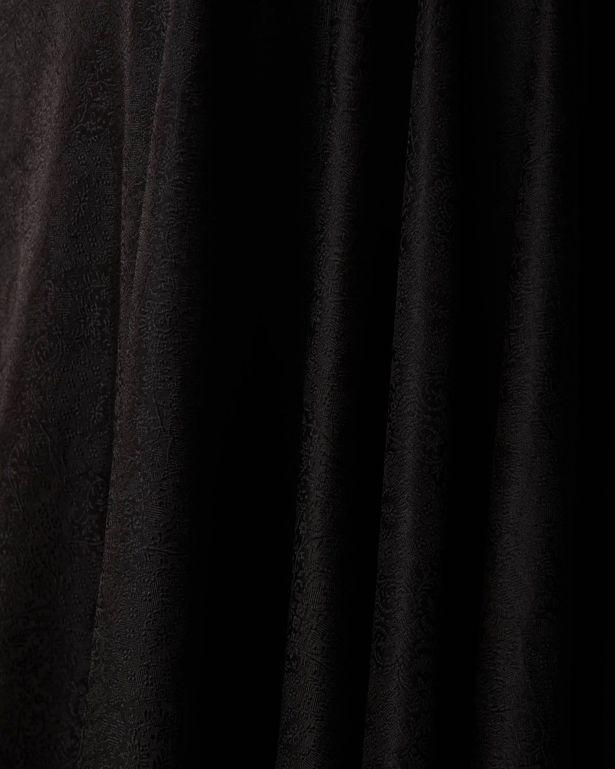 Black Damask Satin Tanchoi Handwoven Katan Silk Banarasi Fabric-HolyWeaves