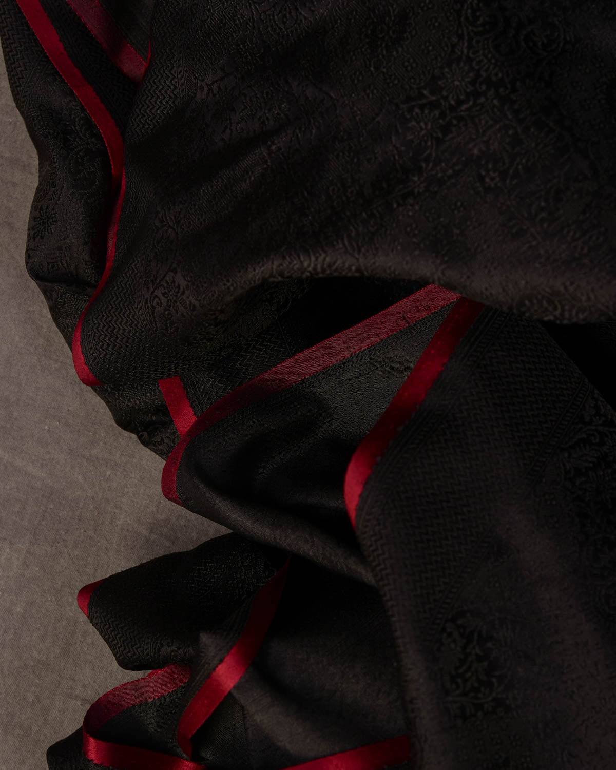 Black Damask Satin Tanchoi Handwoven Katan Silk Banarasi Fabric-HolyWeaves