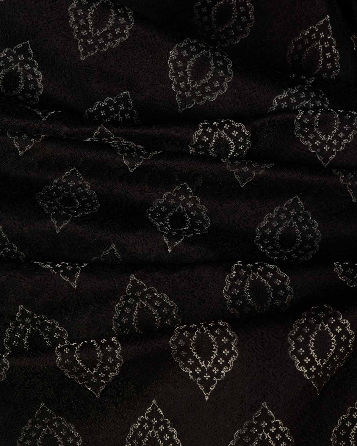 Silver On Black Damask Satin Tanchoi Handwoven Katan Silk Banarasi Fabric-HolyWeaves