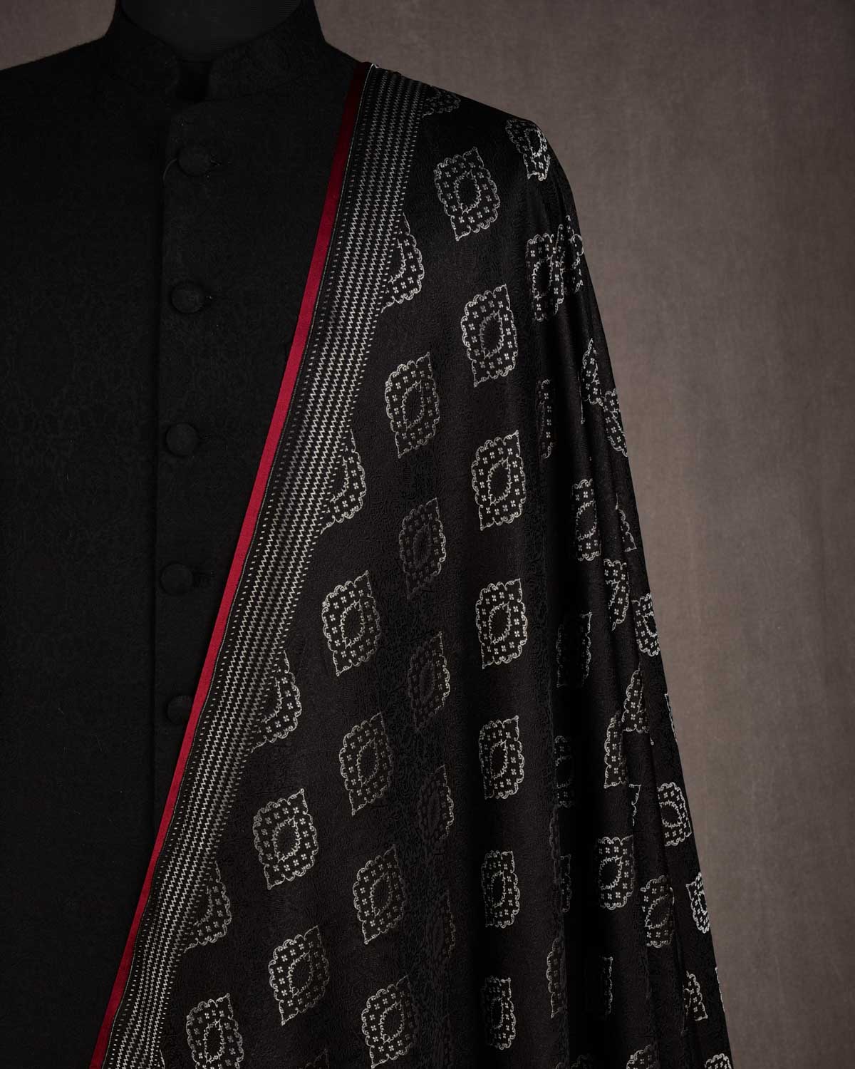 Silver On Black Damask Satin Tanchoi Handwoven Katan Silk Banarasi Fabric-HolyWeaves
