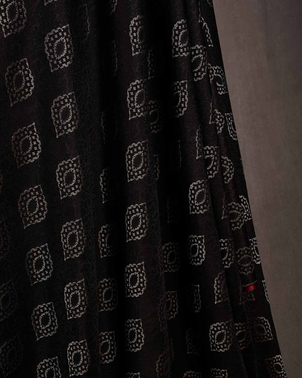 Silver On Black Damask Satin Tanchoi Handwoven Katan Silk Banarasi Fabric-HolyWeaves