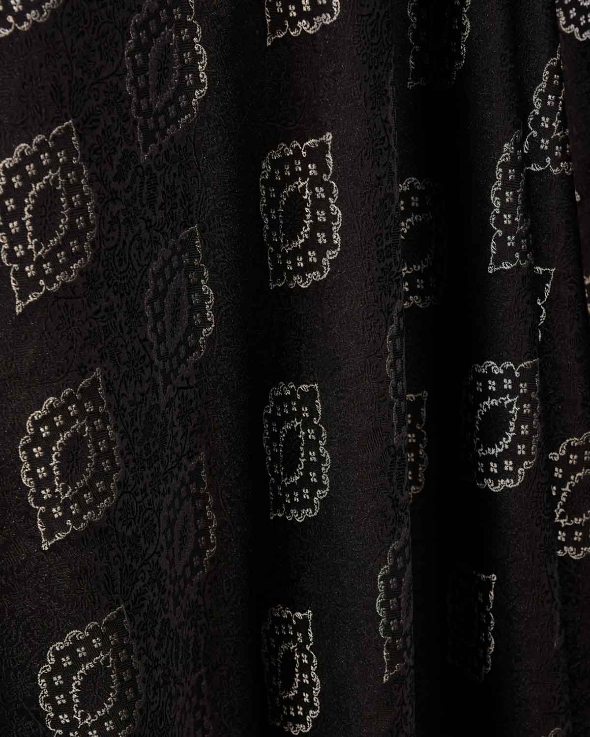 Silver On Black Damask Satin Tanchoi Handwoven Katan Silk Banarasi Fabric-HolyWeaves