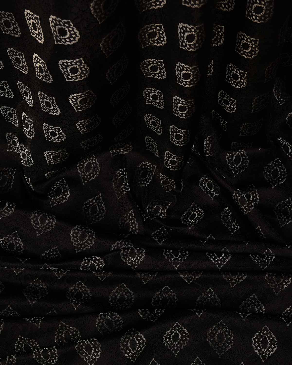 Silver On Black Damask Satin Tanchoi Handwoven Katan Silk Banarasi Fabric-HolyWeaves