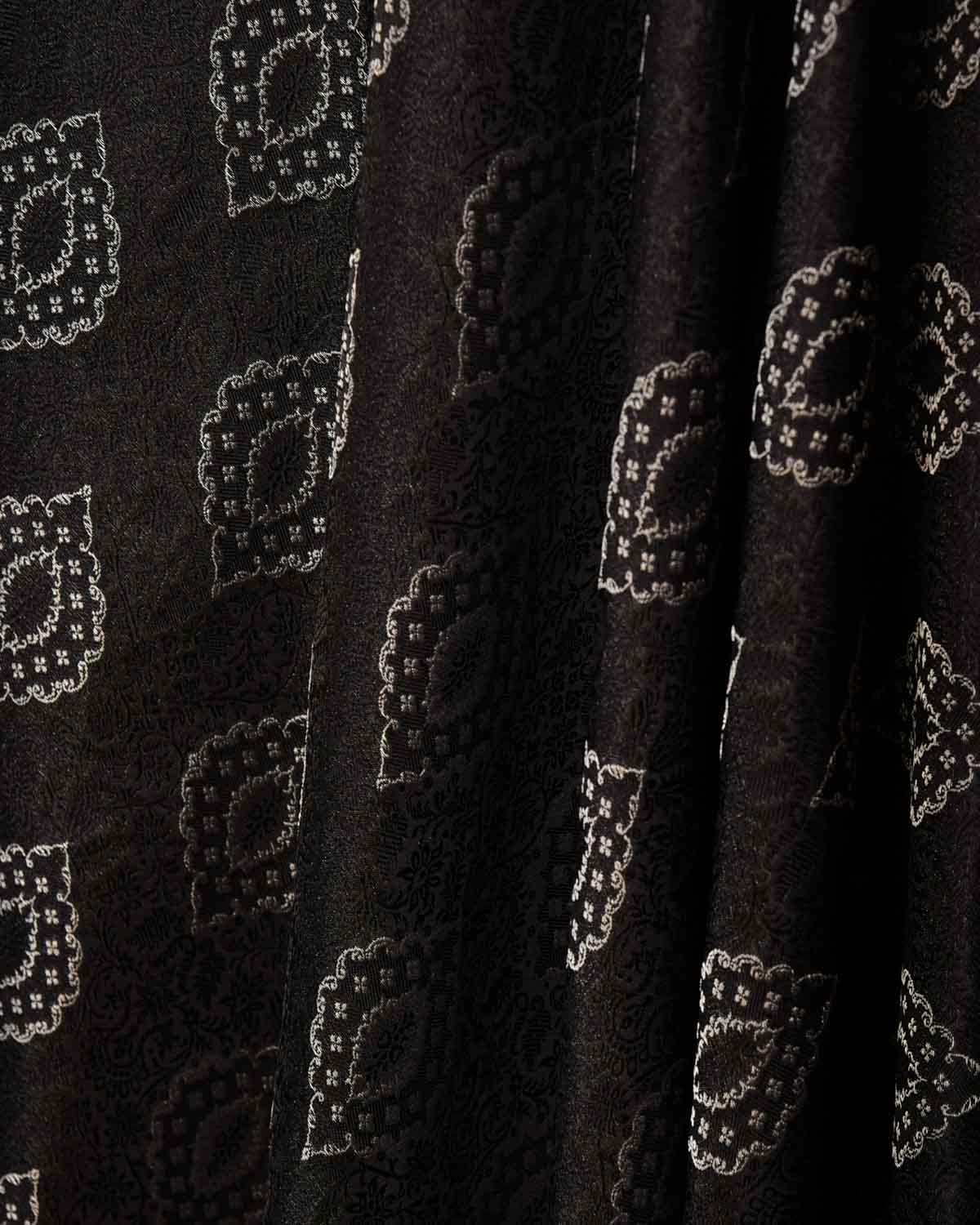 Silver On Black Damask Satin Tanchoi Handwoven Katan Silk Banarasi Fabric-HolyWeaves