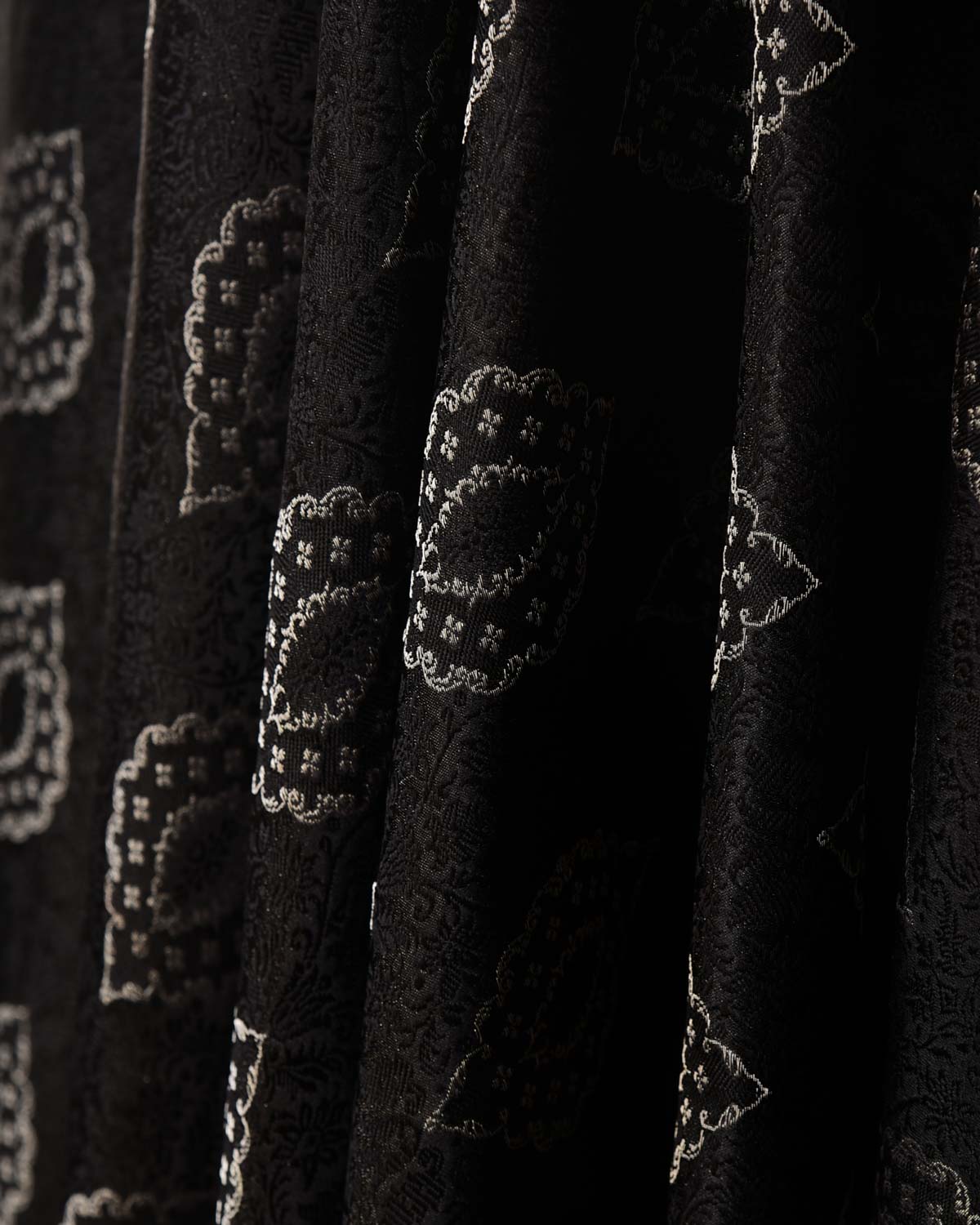 Silver On Black Damask Satin Tanchoi Handwoven Katan Silk Banarasi Fabric-HolyWeaves