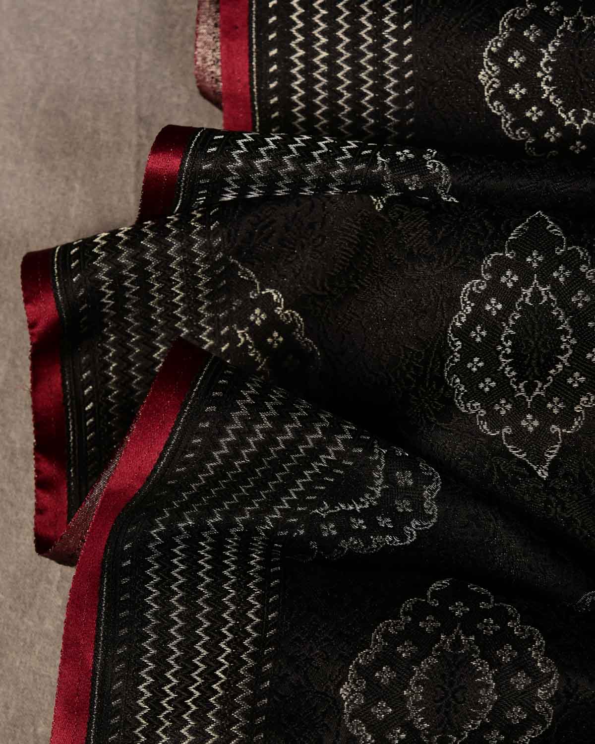 Silver On Black Damask Satin Tanchoi Handwoven Katan Silk Banarasi Fabric-HolyWeaves