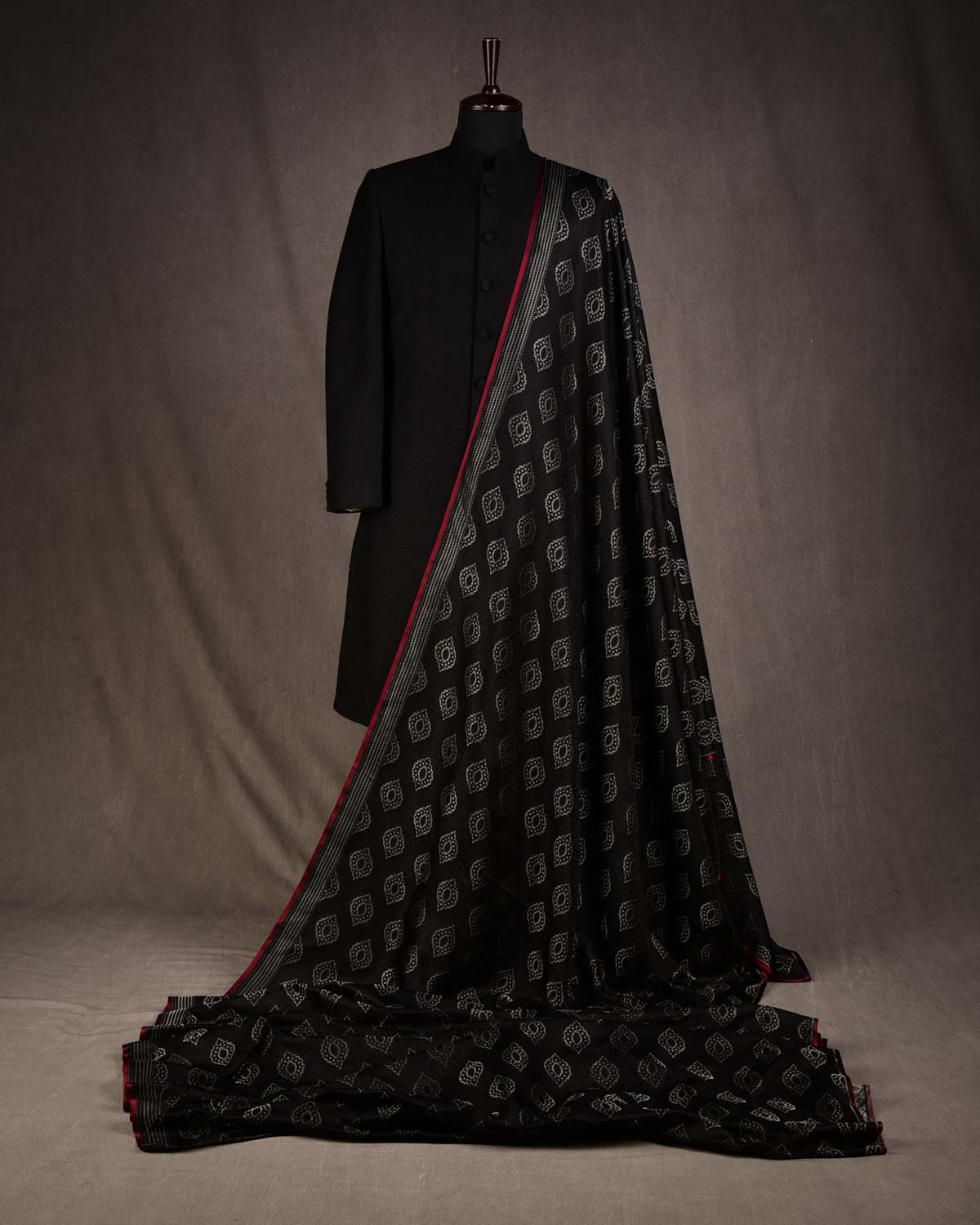 Silver On Black Damask Satin Tanchoi Handwoven Katan Silk Banarasi Fabric-HolyWeaves