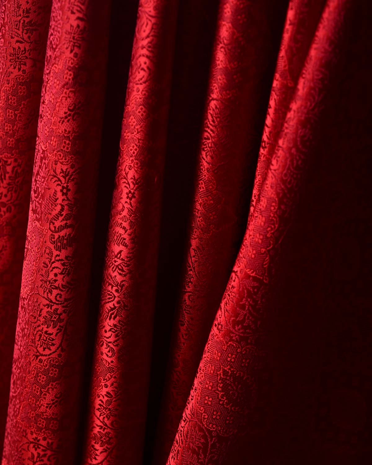 Red Damask Satin Tanchoi Handwoven Katan Silk Banarasi Fabric-HolyWeaves