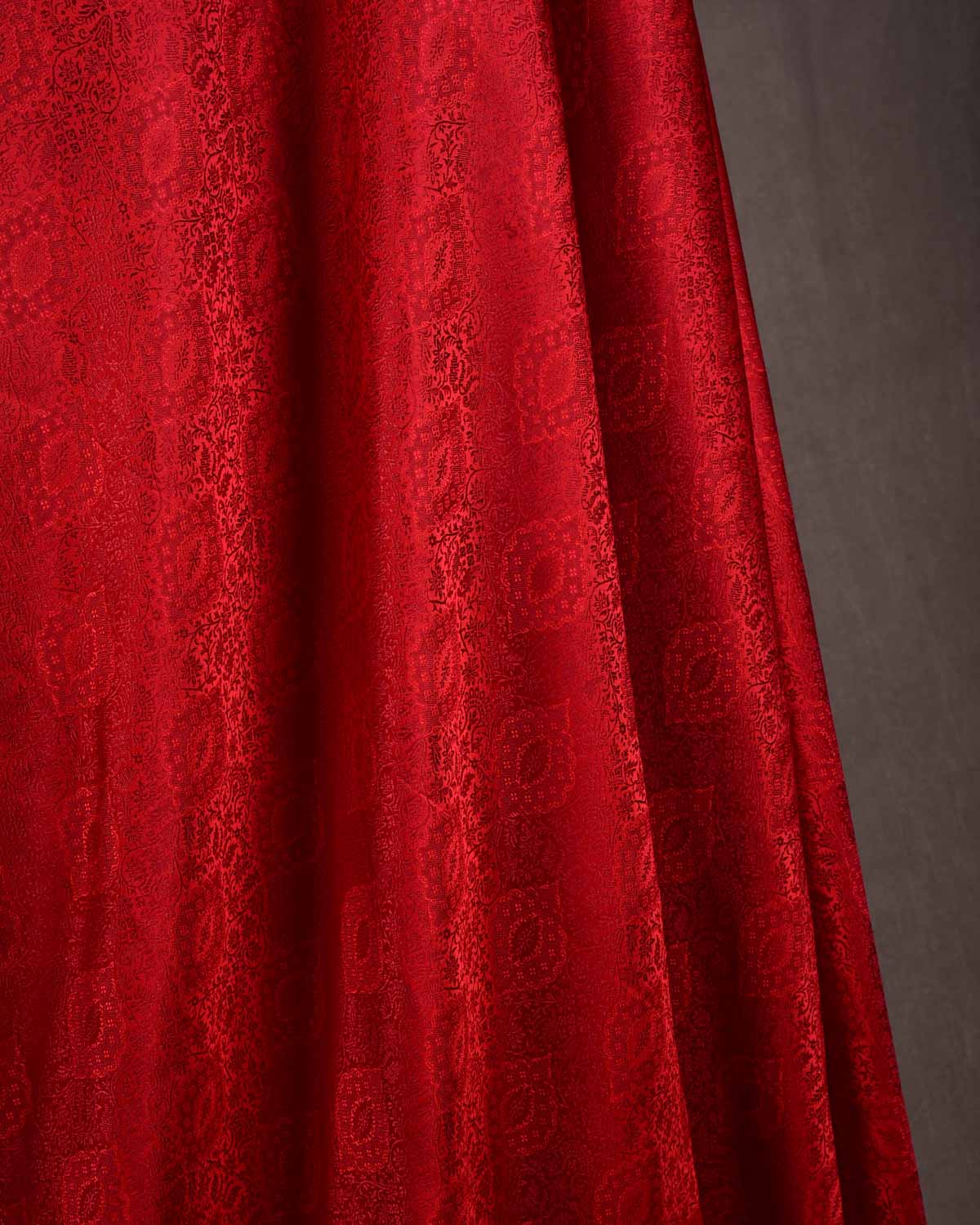 Red Damask Satin Tanchoi Handwoven Katan Silk Banarasi Fabric-HolyWeaves