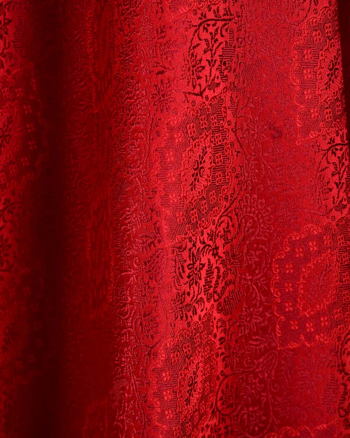 Red Damask Satin Tanchoi Handwoven Katan Silk Banarasi Fabric-HolyWeaves