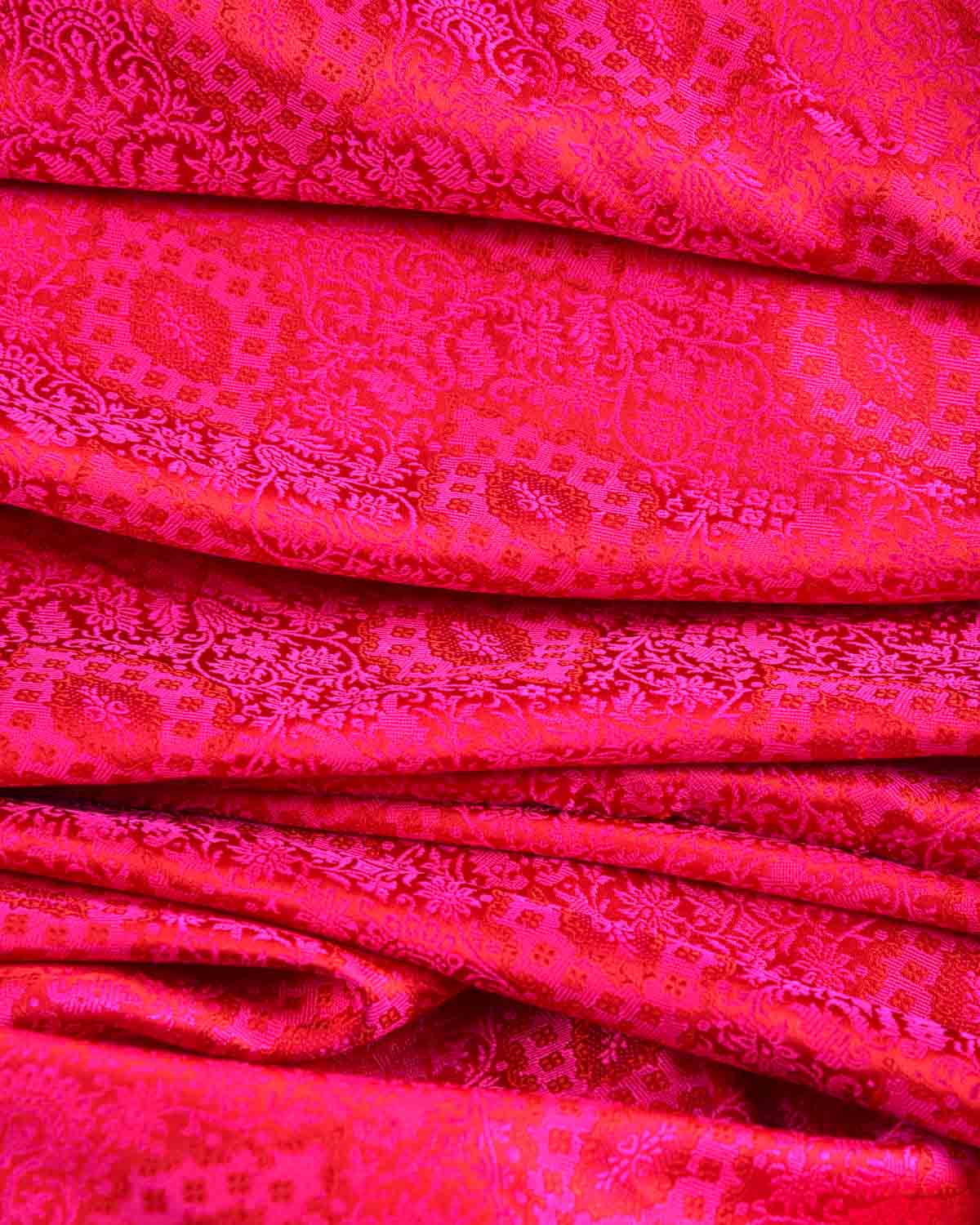 Red-Pink Damask Satin Tanchoi Handwoven Katan Silk Banarasi Fabric-HolyWeaves