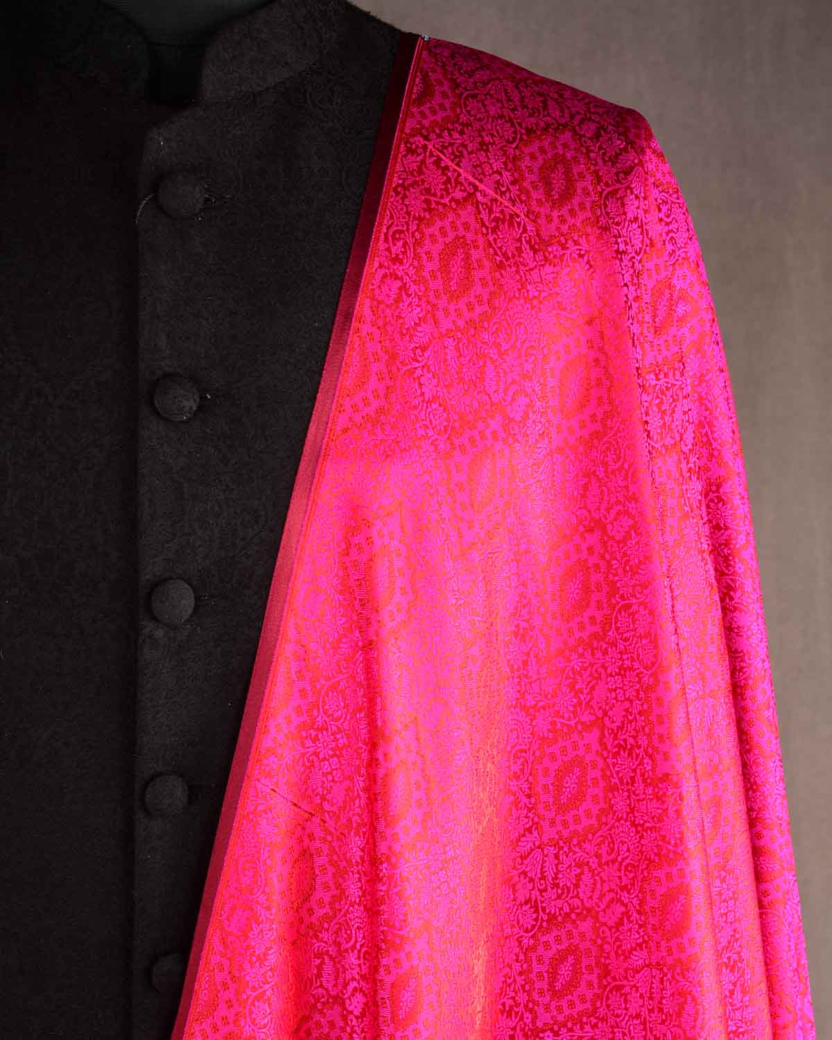 Red-Pink Damask Satin Tanchoi Handwoven Katan Silk Banarasi Fabric-HolyWeaves