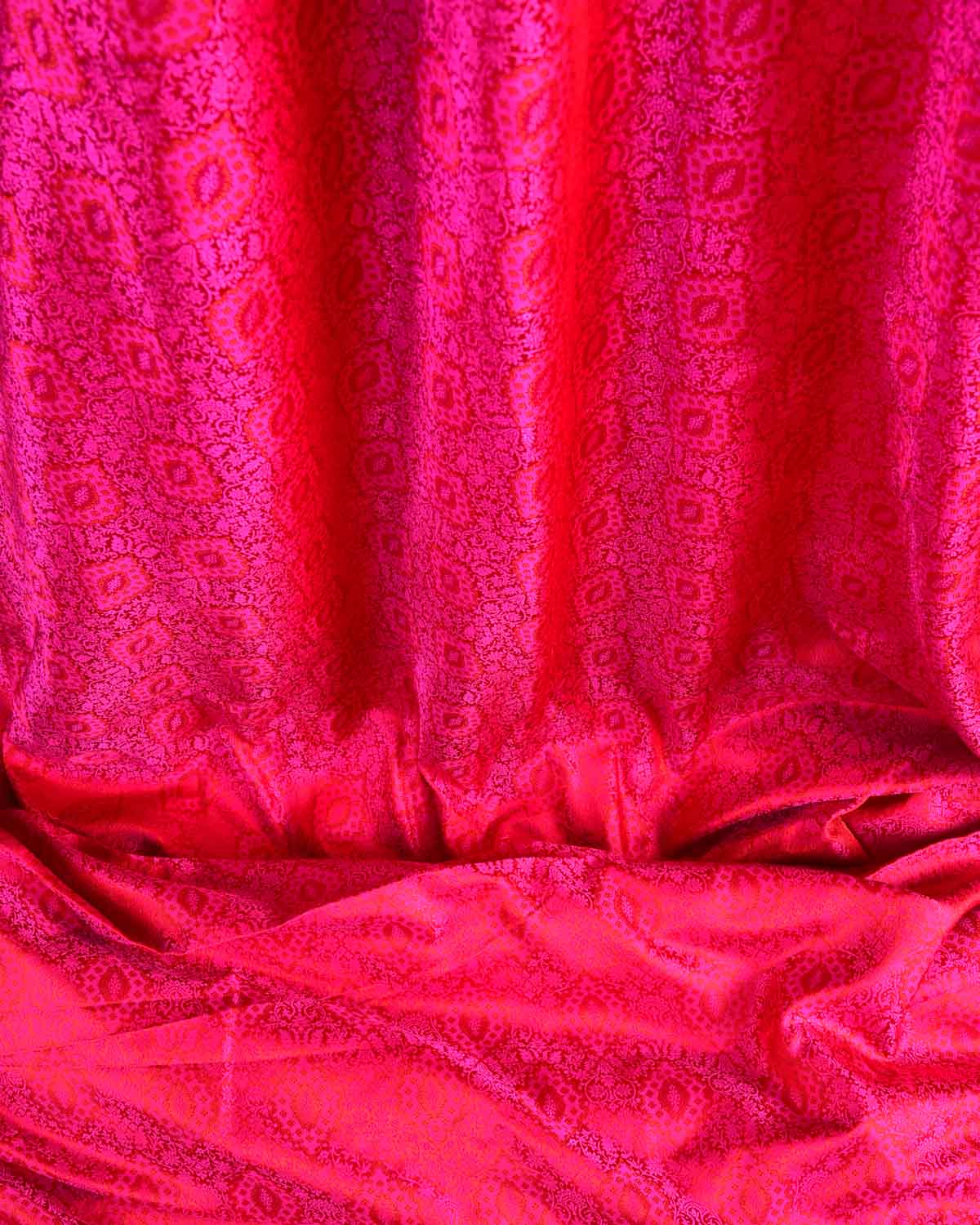 Red-Pink Damask Satin Tanchoi Handwoven Katan Silk Banarasi Fabric-HolyWeaves