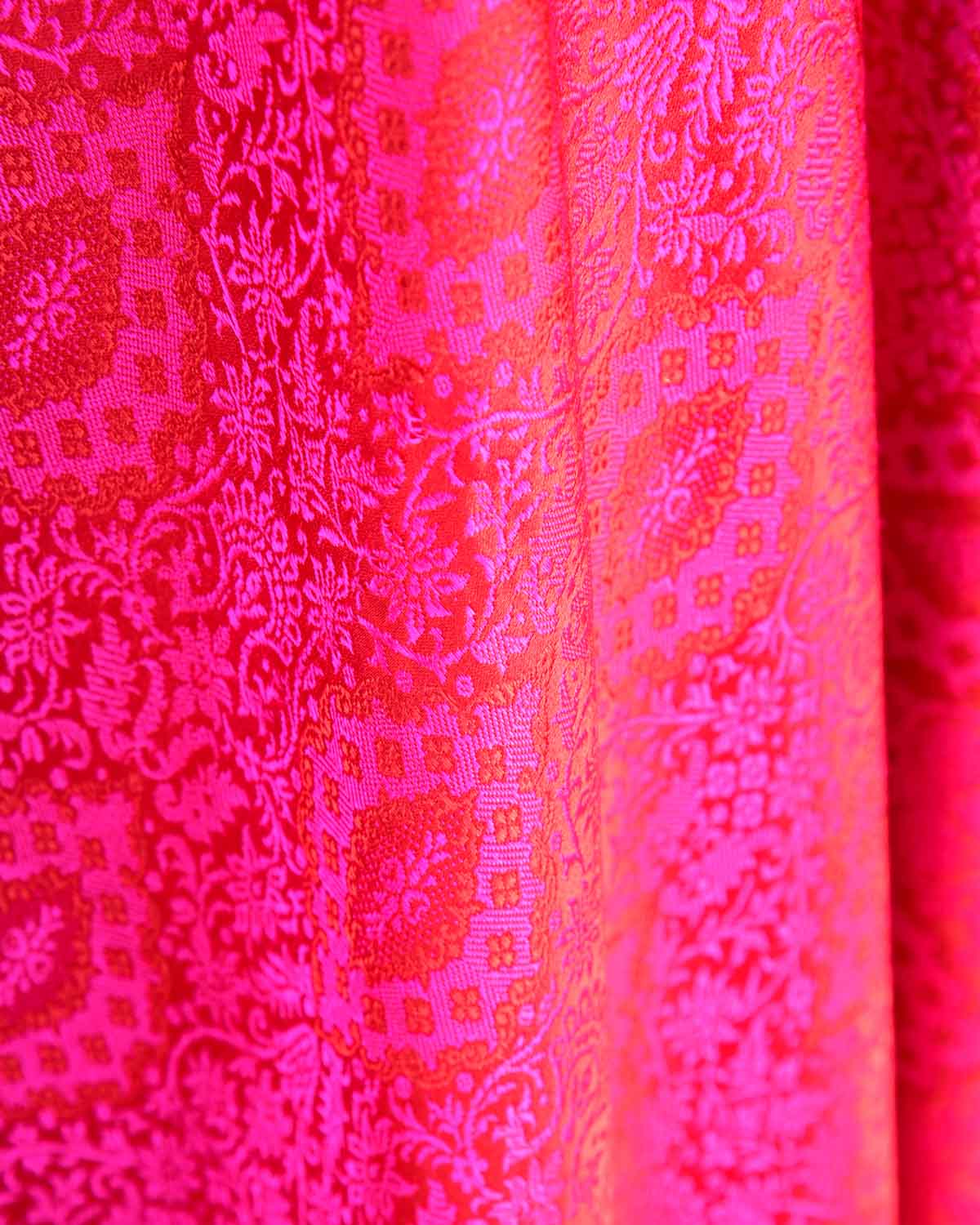 Red-Pink Damask Satin Tanchoi Handwoven Katan Silk Banarasi Fabric-HolyWeaves