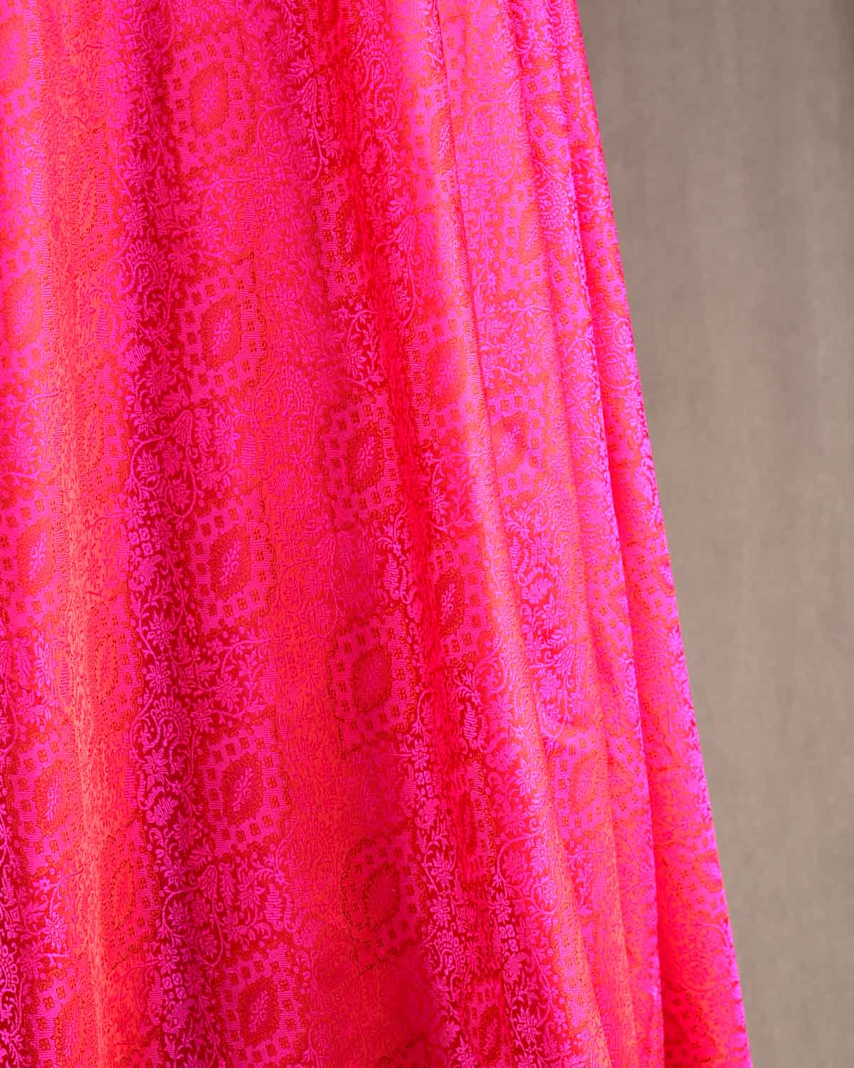 Red-Pink Damask Satin Tanchoi Handwoven Katan Silk Banarasi Fabric-HolyWeaves