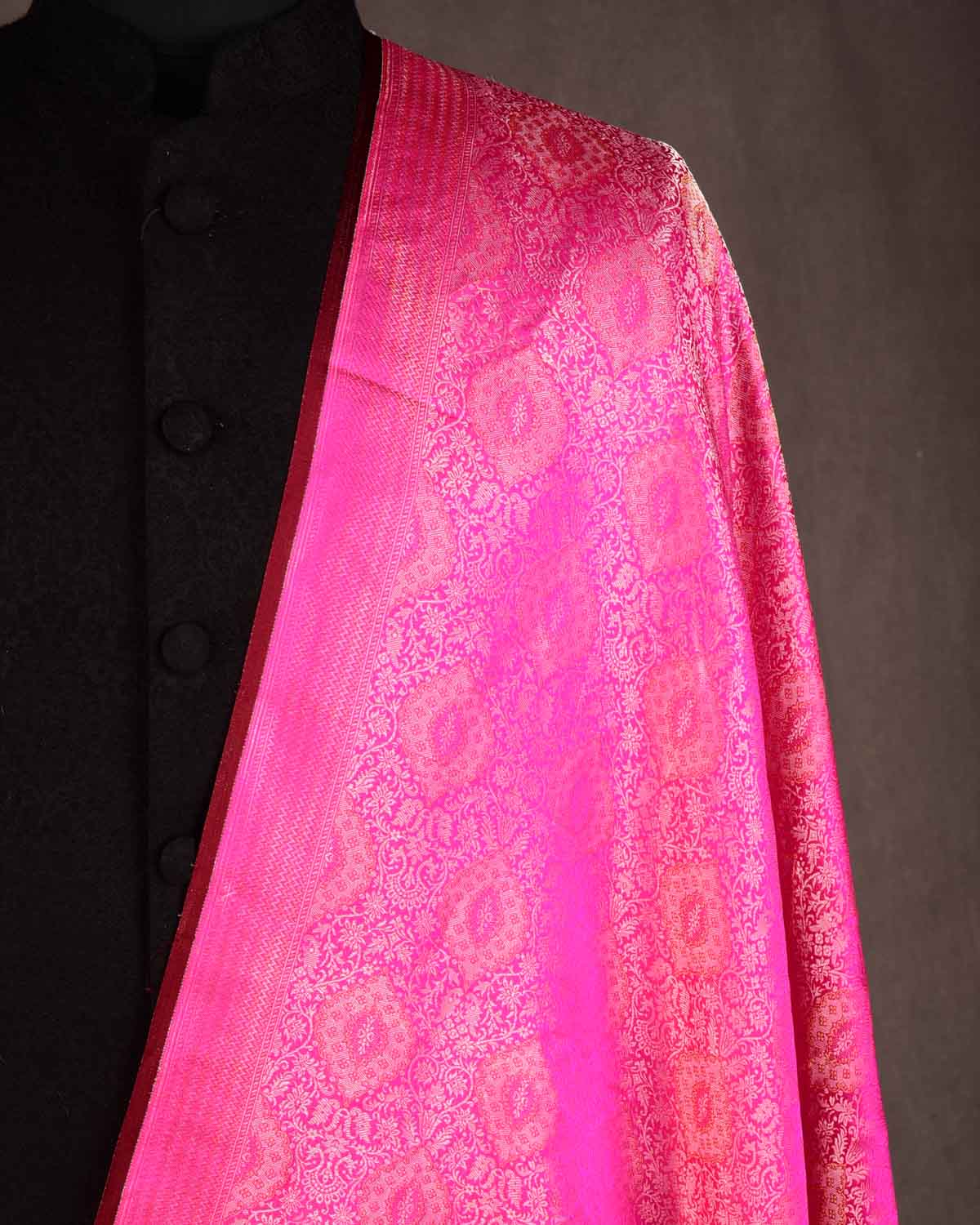 Fuchsia Pink Gold & Silver Zari Damask Satin Tanchoi Handwoven Katan Silk Banarasi Fabric-HolyWeaves