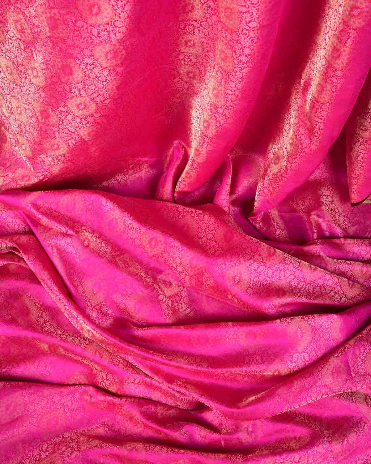 Fuchsia Pink Gold & Silver Zari Damask Satin Tanchoi Handwoven Katan Silk Banarasi Fabric-HolyWeaves