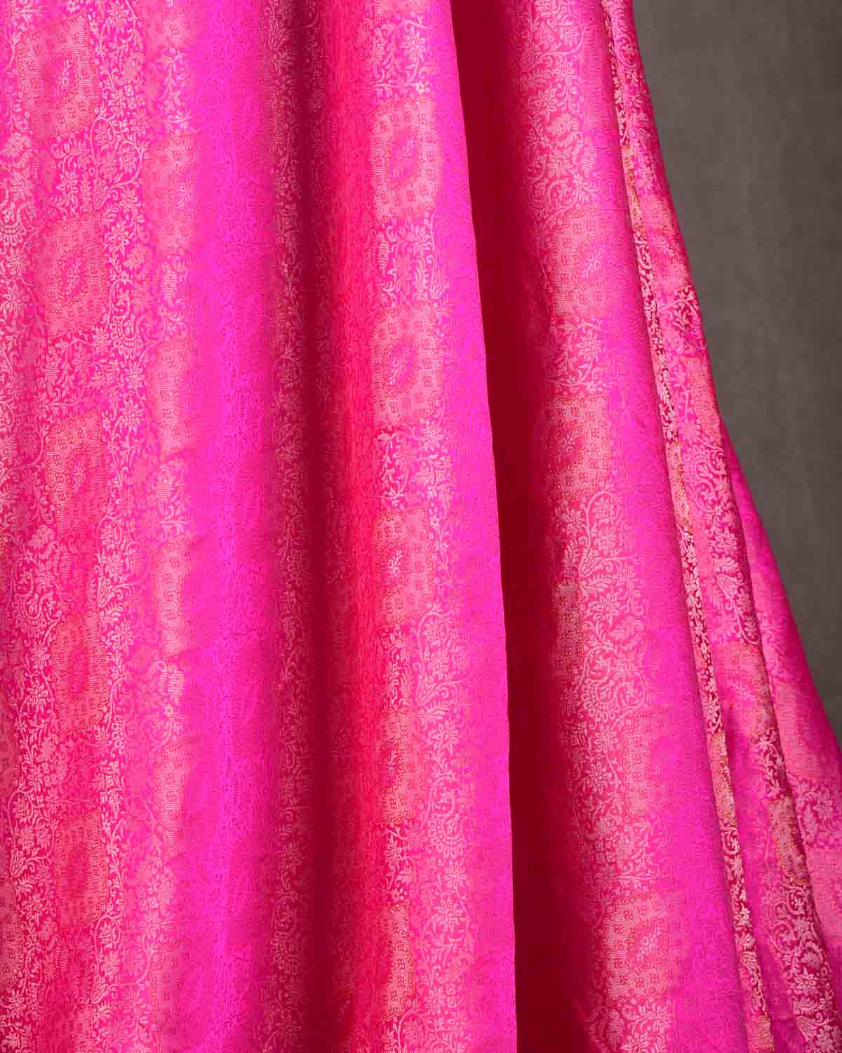 Fuchsia Pink Gold & Silver Zari Damask Satin Tanchoi Handwoven Katan Silk Banarasi Fabric-HolyWeaves