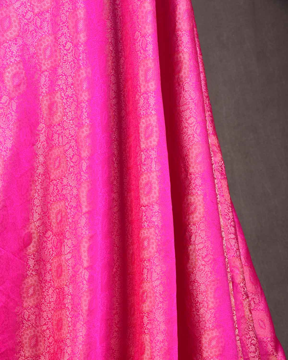 Fuchsia Pink Gold & Silver Zari Damask Satin Tanchoi Handwoven Katan Silk Banarasi Fabric-HolyWeaves