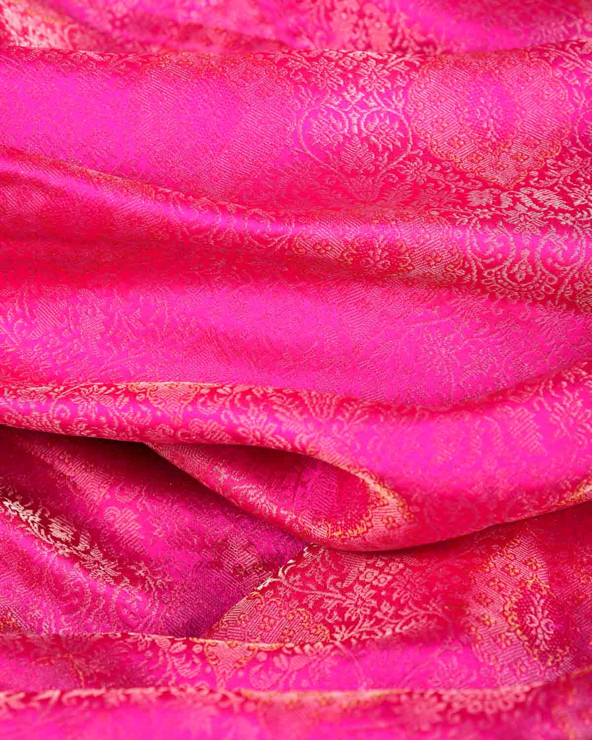 Fuchsia Pink Gold & Silver Zari Damask Satin Tanchoi Handwoven Katan Silk Banarasi Fabric-HolyWeaves