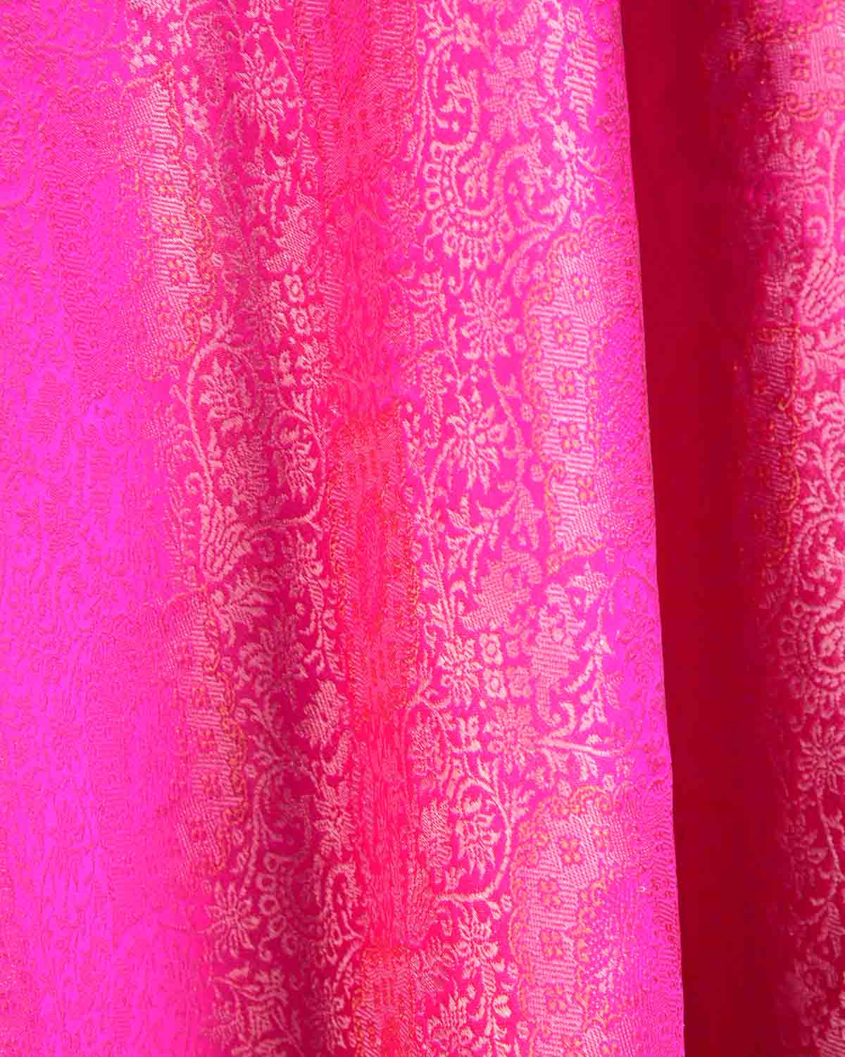 Fuchsia Pink Gold & Silver Zari Damask Satin Tanchoi Handwoven Katan Silk Banarasi Fabric-HolyWeaves