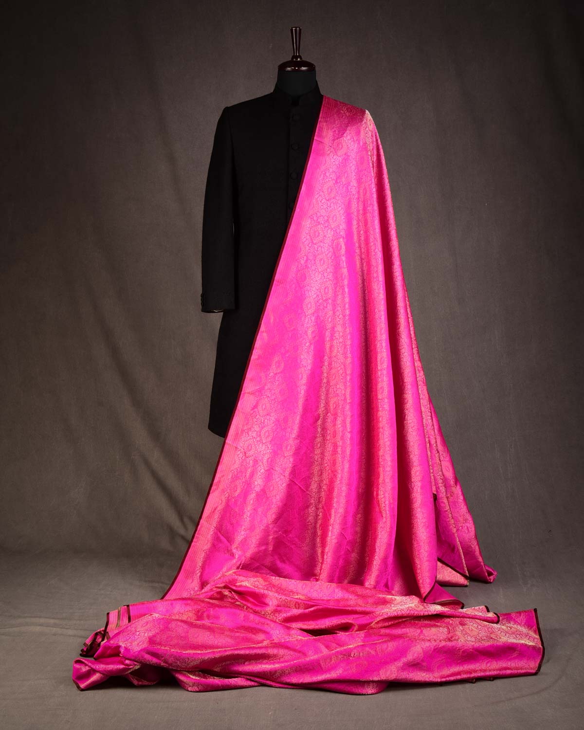 Fuchsia Pink Gold & Silver Zari Damask Satin Tanchoi Handwoven Katan Silk Banarasi Fabric-HolyWeaves