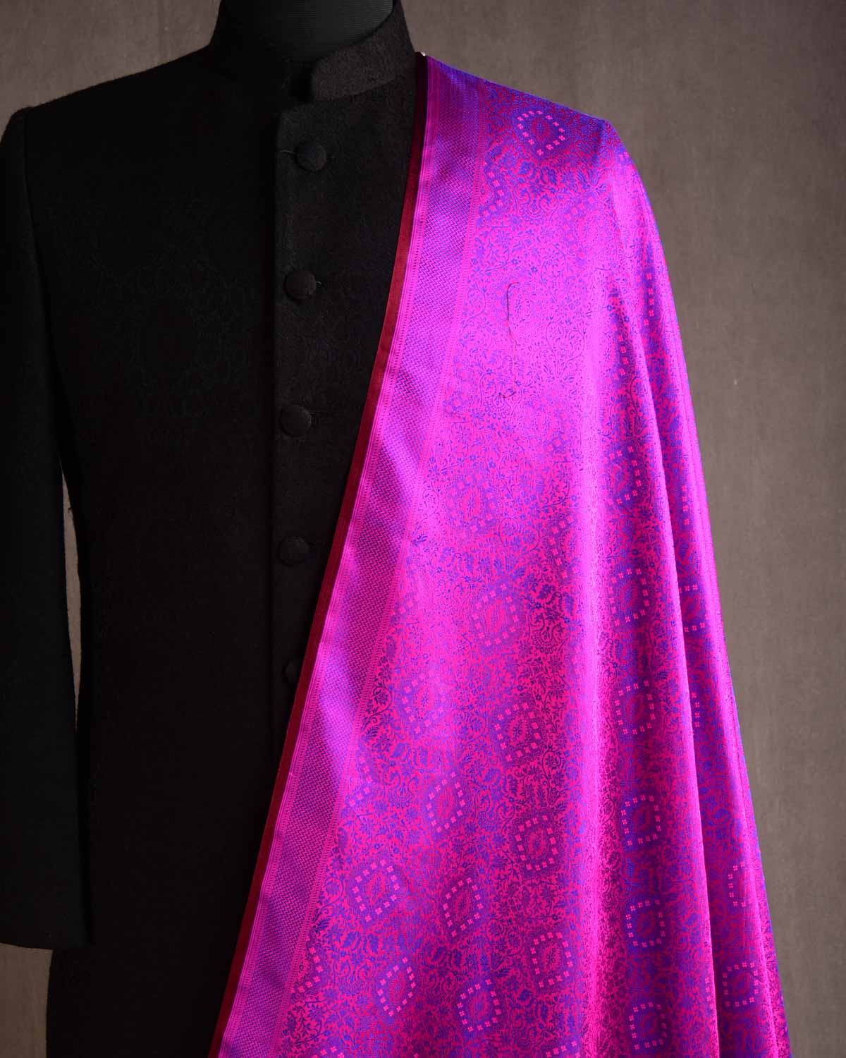 Purple On Pink Damask Satin Tanchoi Handwoven Katan Silk Banarasi Fabric-HolyWeaves