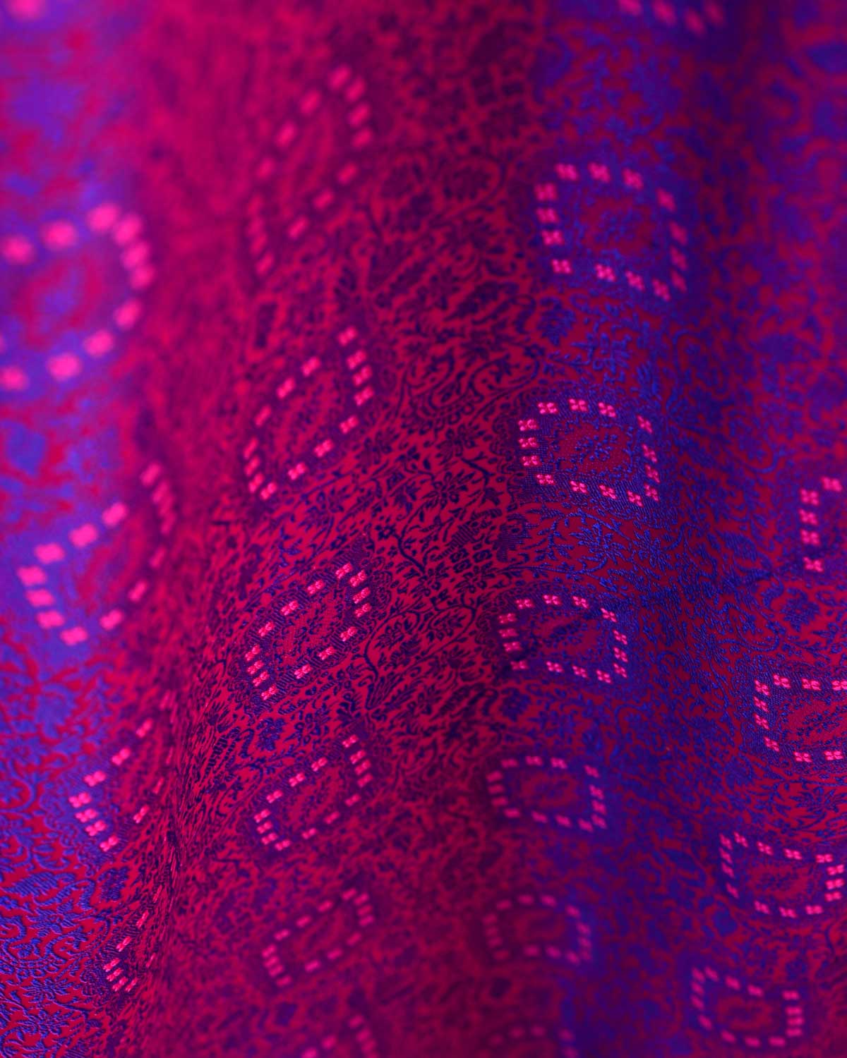 Purple On Pink Damask Satin Tanchoi Handwoven Katan Silk Banarasi Fabric-HolyWeaves