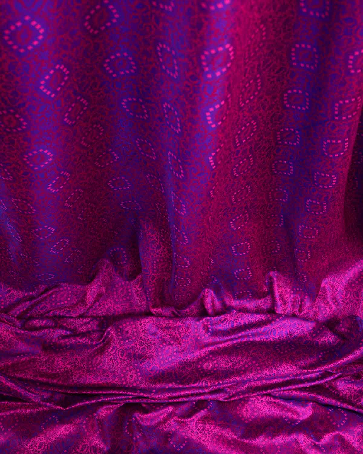 Purple On Pink Damask Satin Tanchoi Handwoven Katan Silk Banarasi Fabric-HolyWeaves