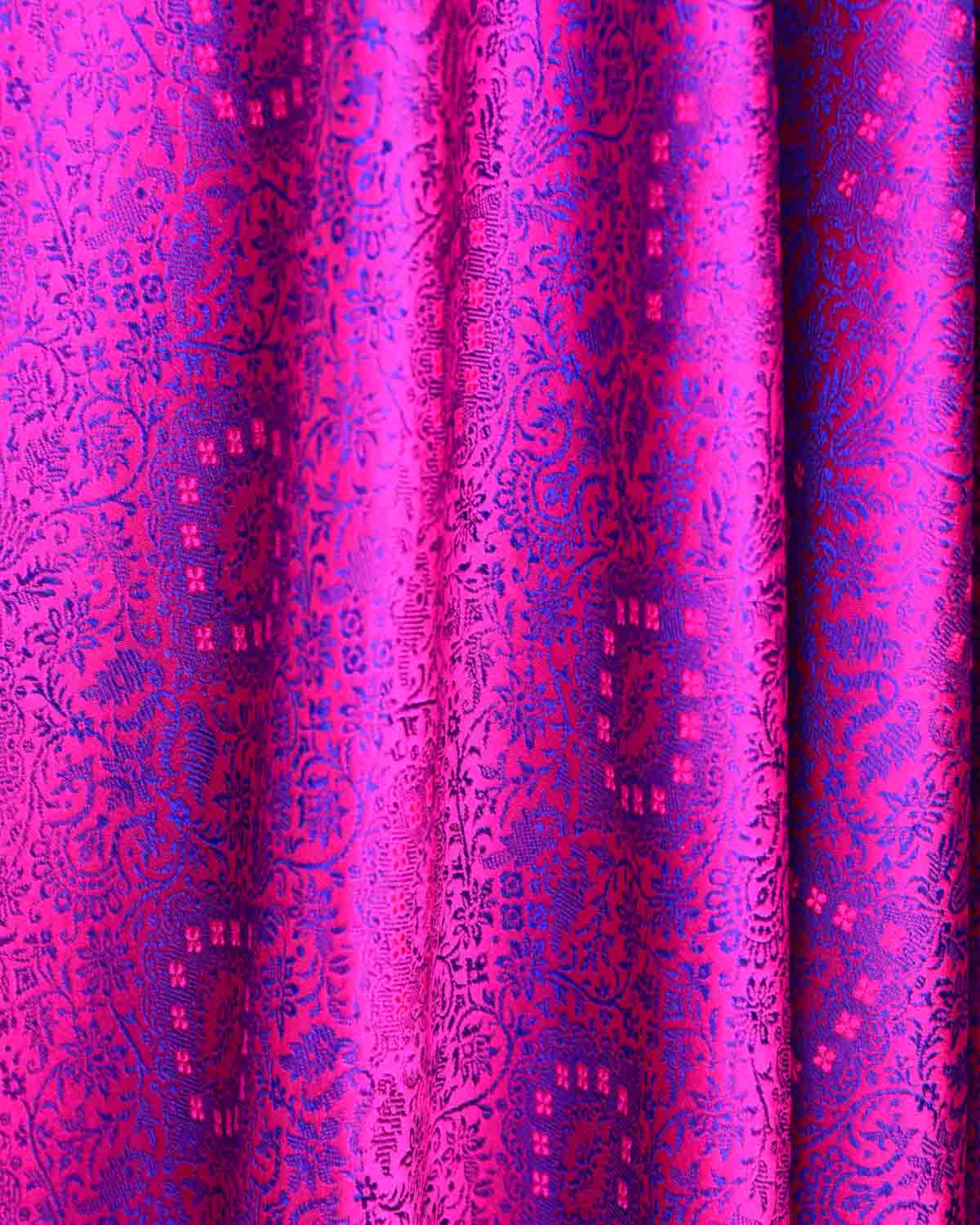 Purple On Pink Damask Satin Tanchoi Handwoven Katan Silk Banarasi Fabric-HolyWeaves