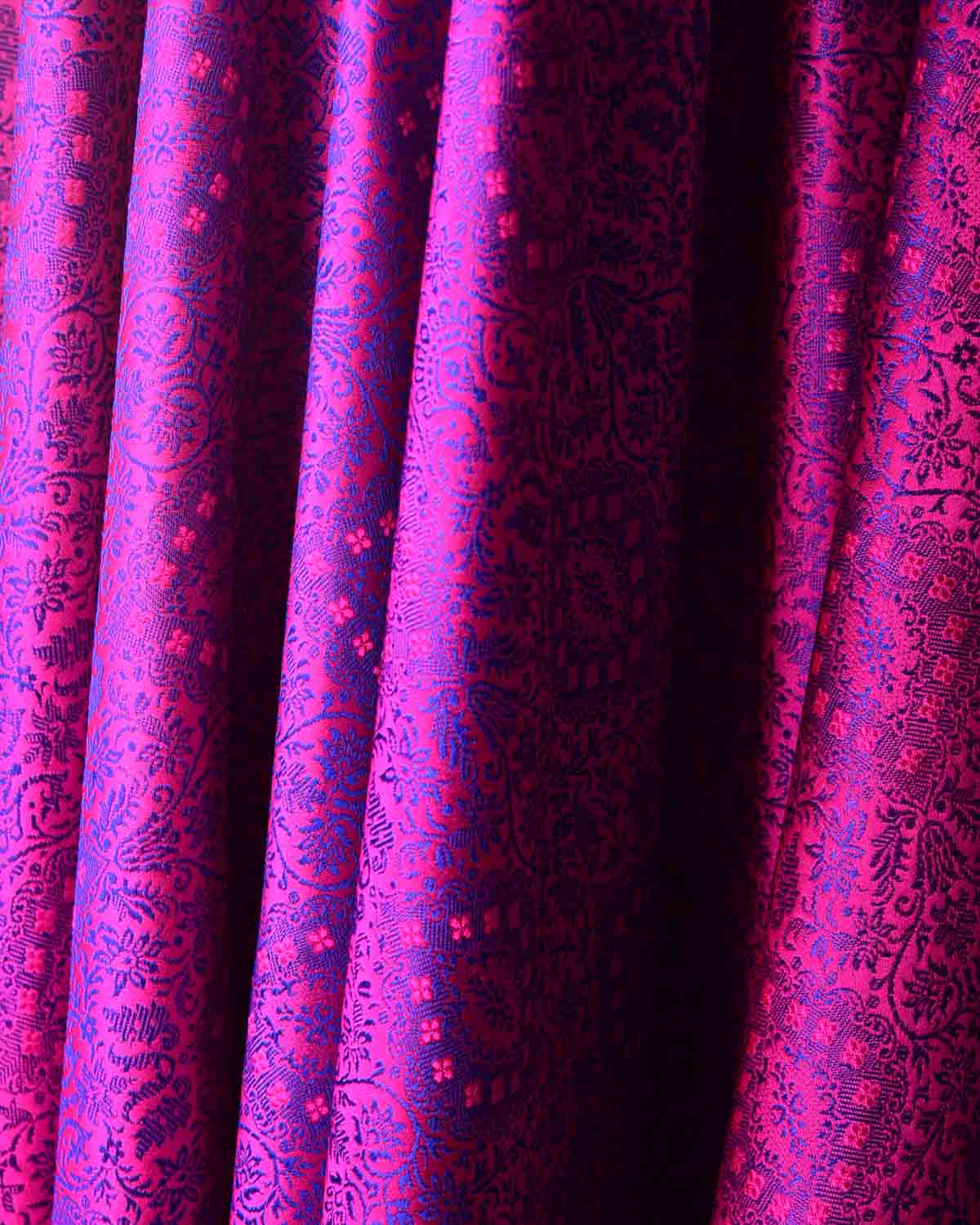 Purple On Pink Damask Satin Tanchoi Handwoven Katan Silk Banarasi Fabric-HolyWeaves