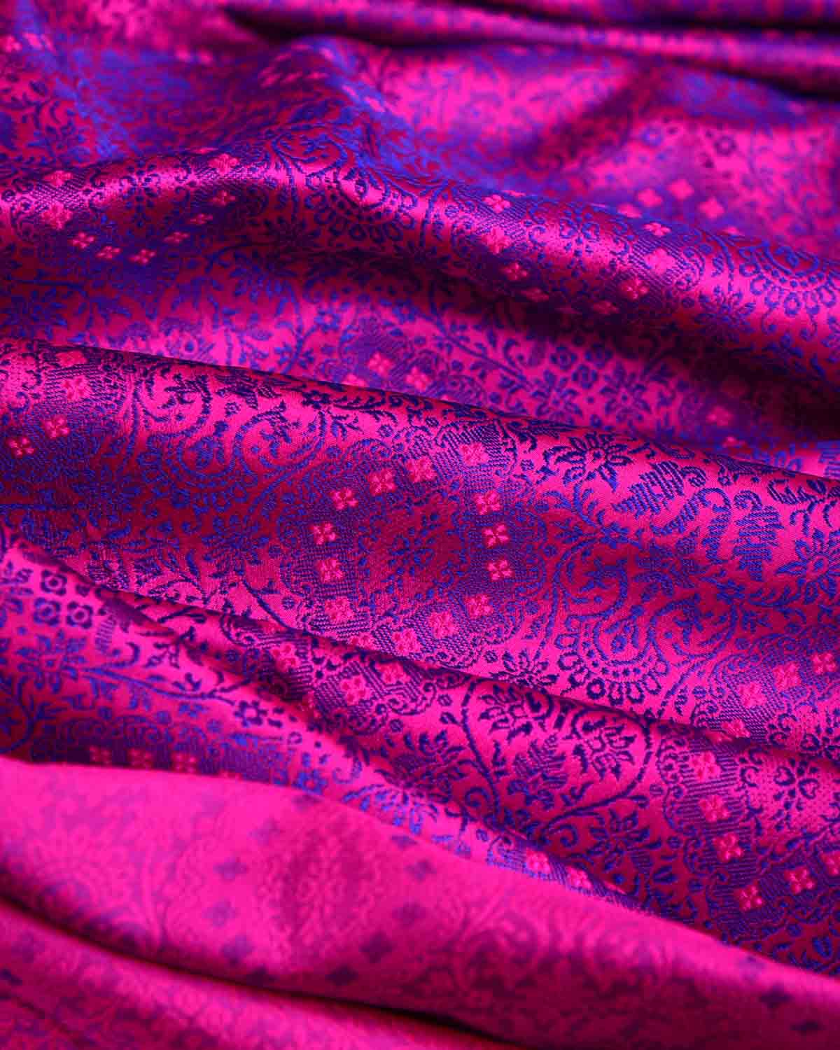Purple On Pink Damask Satin Tanchoi Handwoven Katan Silk Banarasi Fabric-HolyWeaves