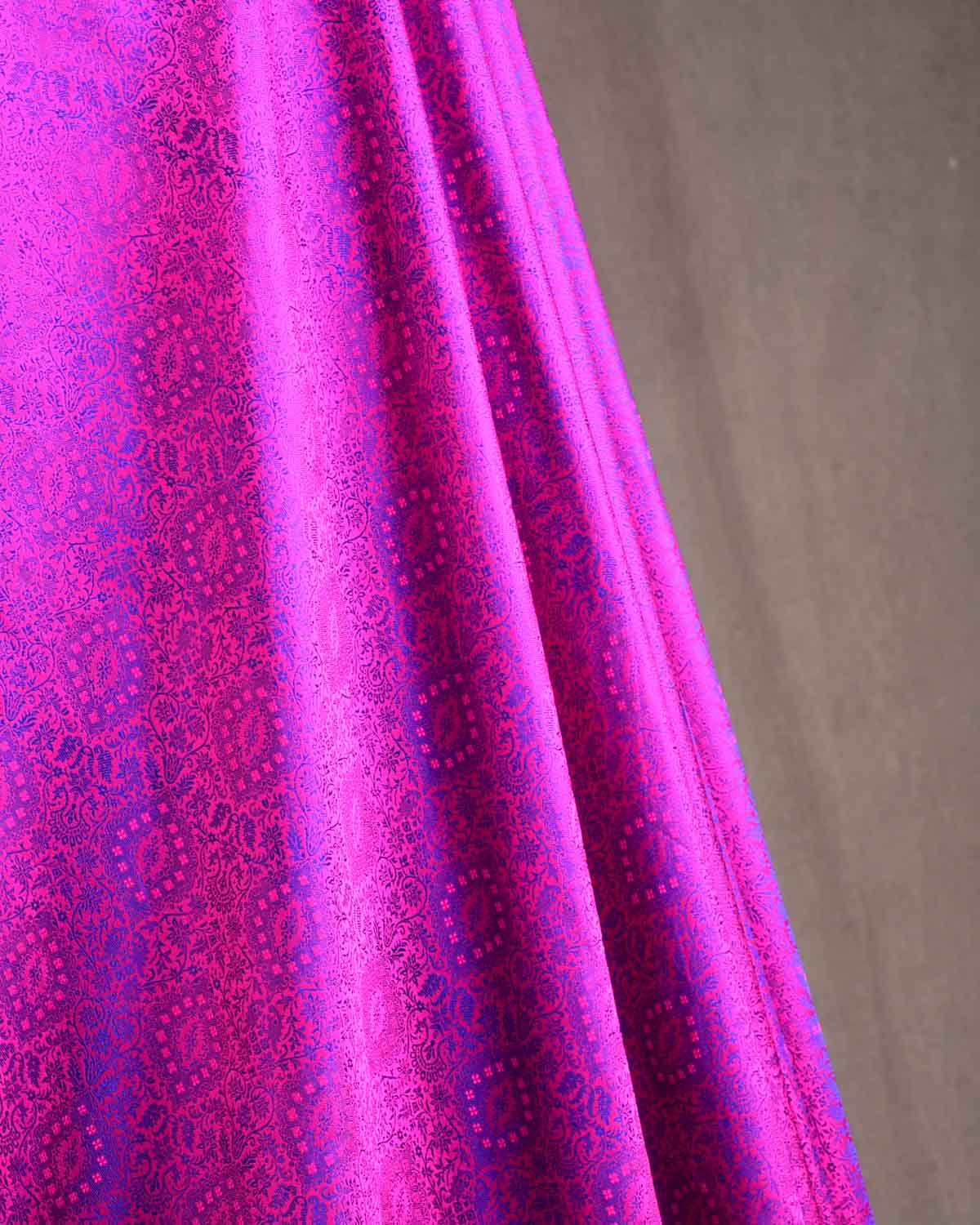 Purple On Pink Damask Satin Tanchoi Handwoven Katan Silk Banarasi Fabric-HolyWeaves