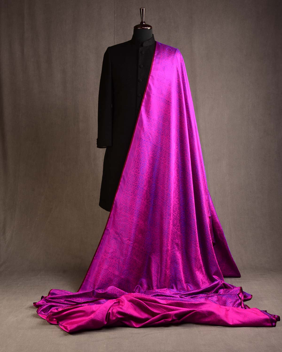 Purple On Pink Damask Satin Tanchoi Handwoven Katan Silk Banarasi Fabric-HolyWeaves