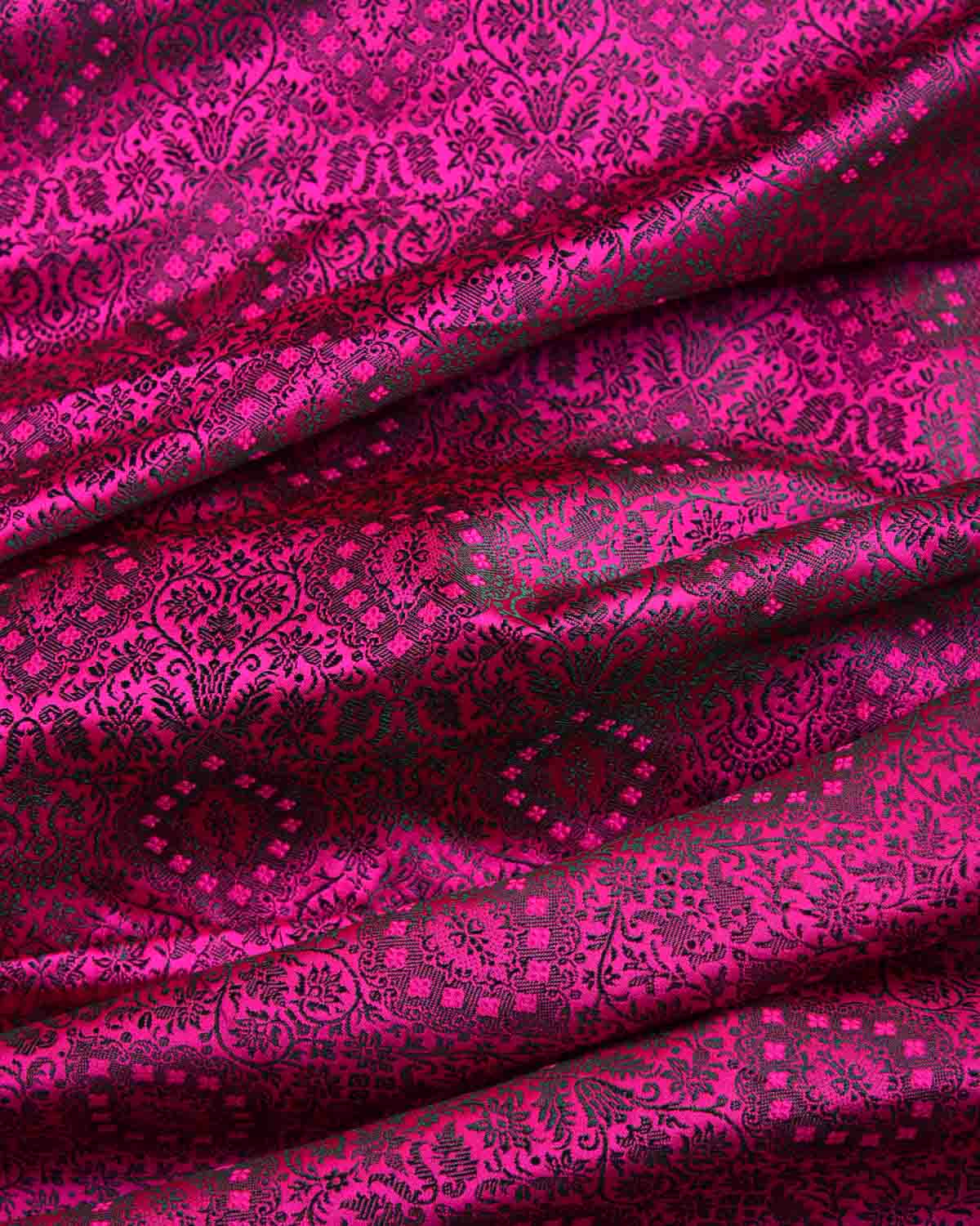 Green On Pink Damask Satin Tanchoi Handwoven Katan Silk Banarasi Fabric-HolyWeaves