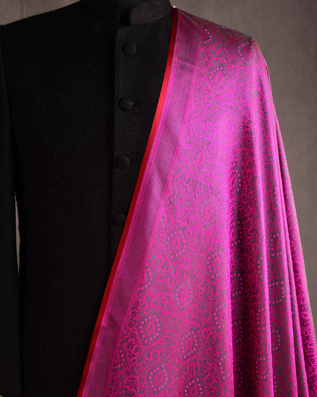 Green On Pink Damask Satin Tanchoi Handwoven Katan Silk Banarasi Fabric-HolyWeaves