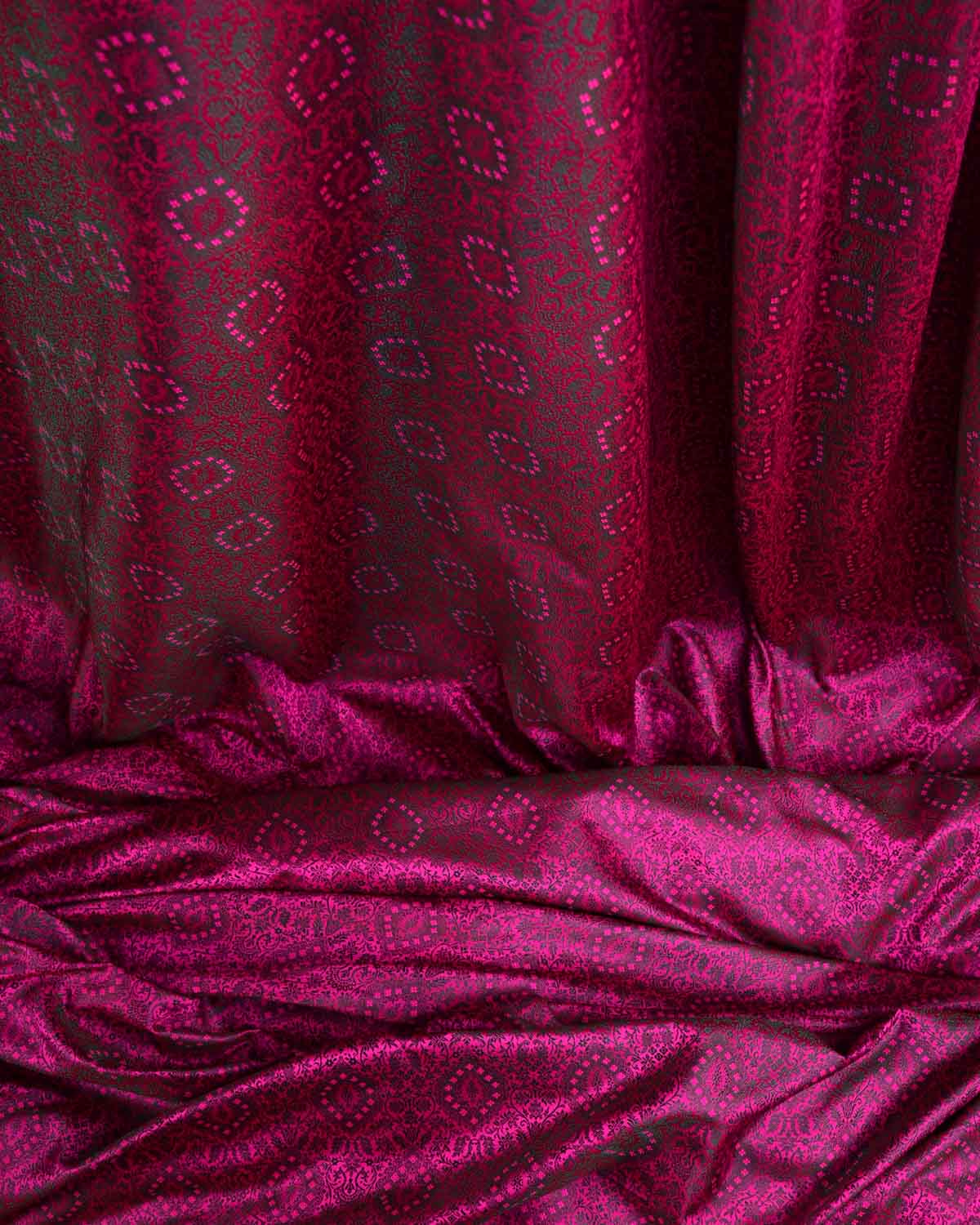 Green On Pink Damask Satin Tanchoi Handwoven Katan Silk Banarasi Fabric-HolyWeaves