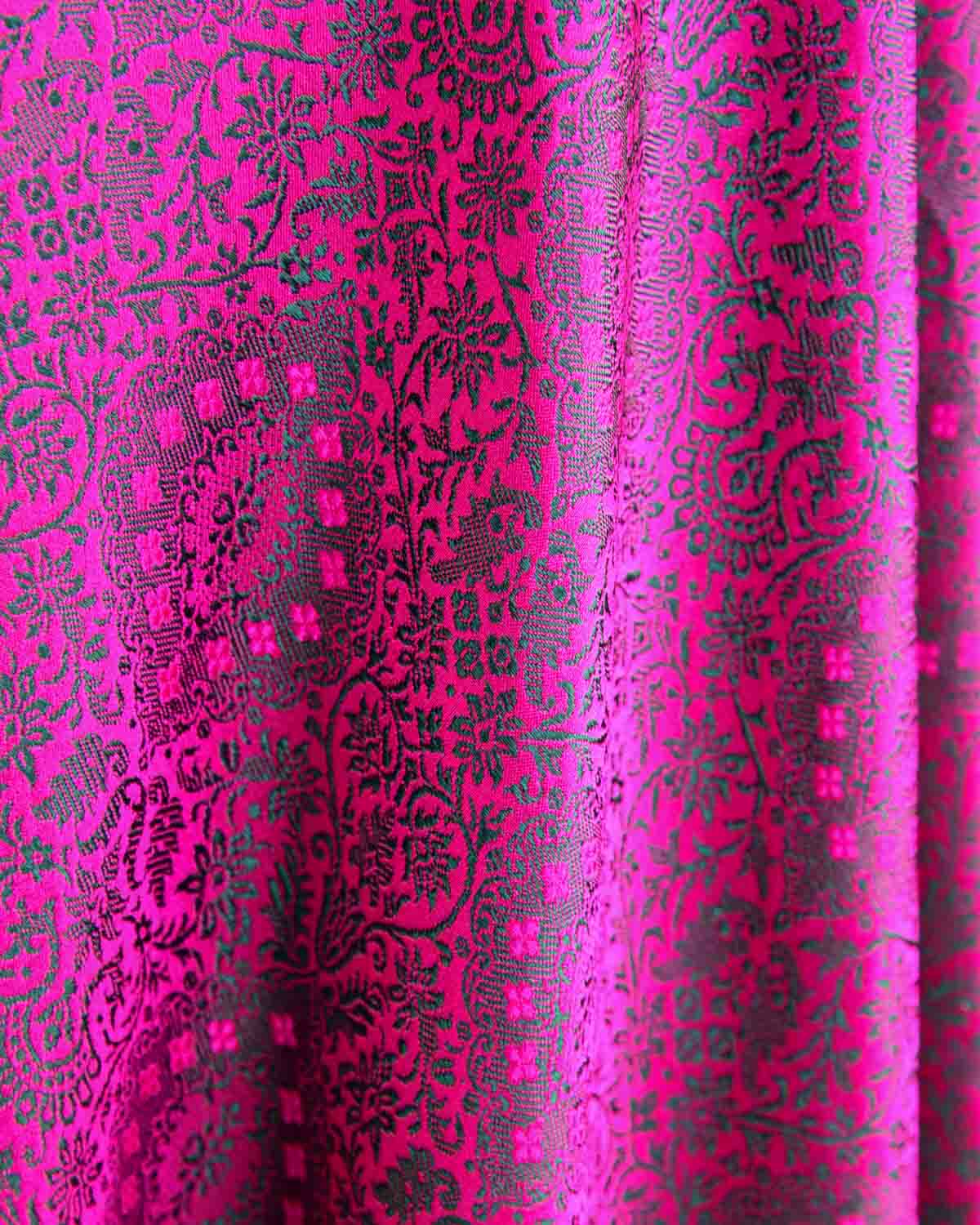 Green On Pink Damask Satin Tanchoi Handwoven Katan Silk Banarasi Fabric-HolyWeaves