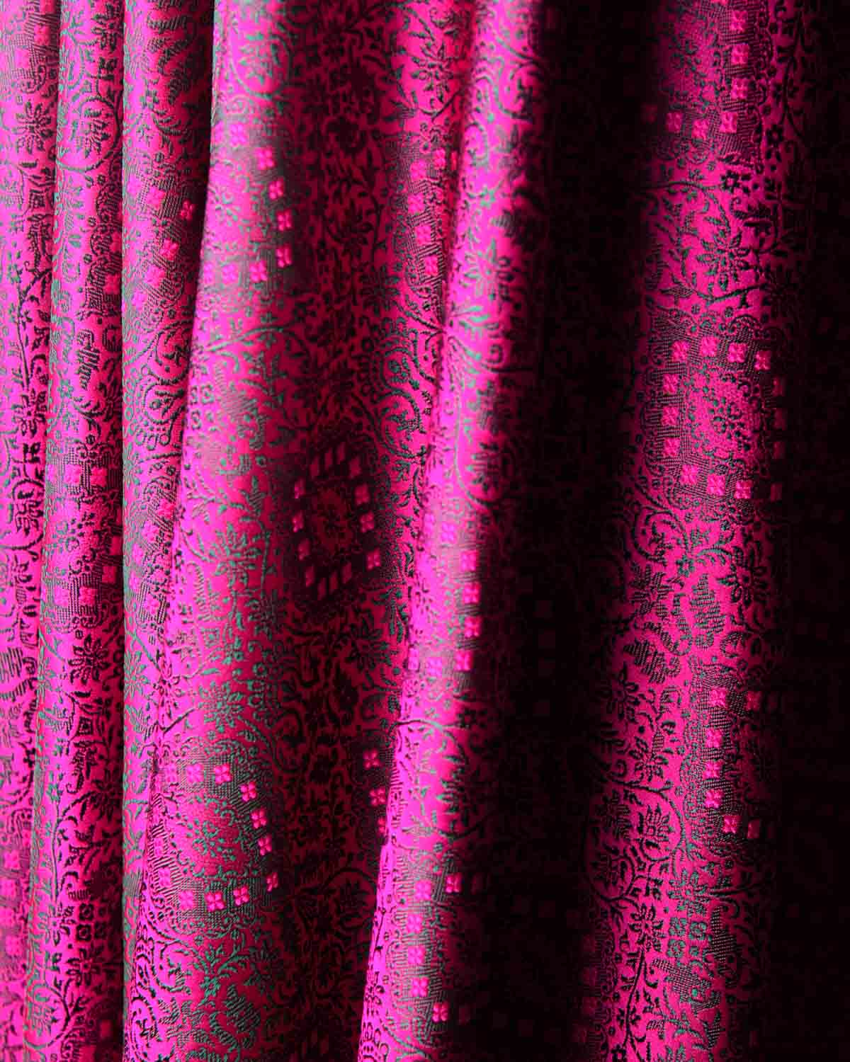 Green On Pink Damask Satin Tanchoi Handwoven Katan Silk Banarasi Fabric-HolyWeaves