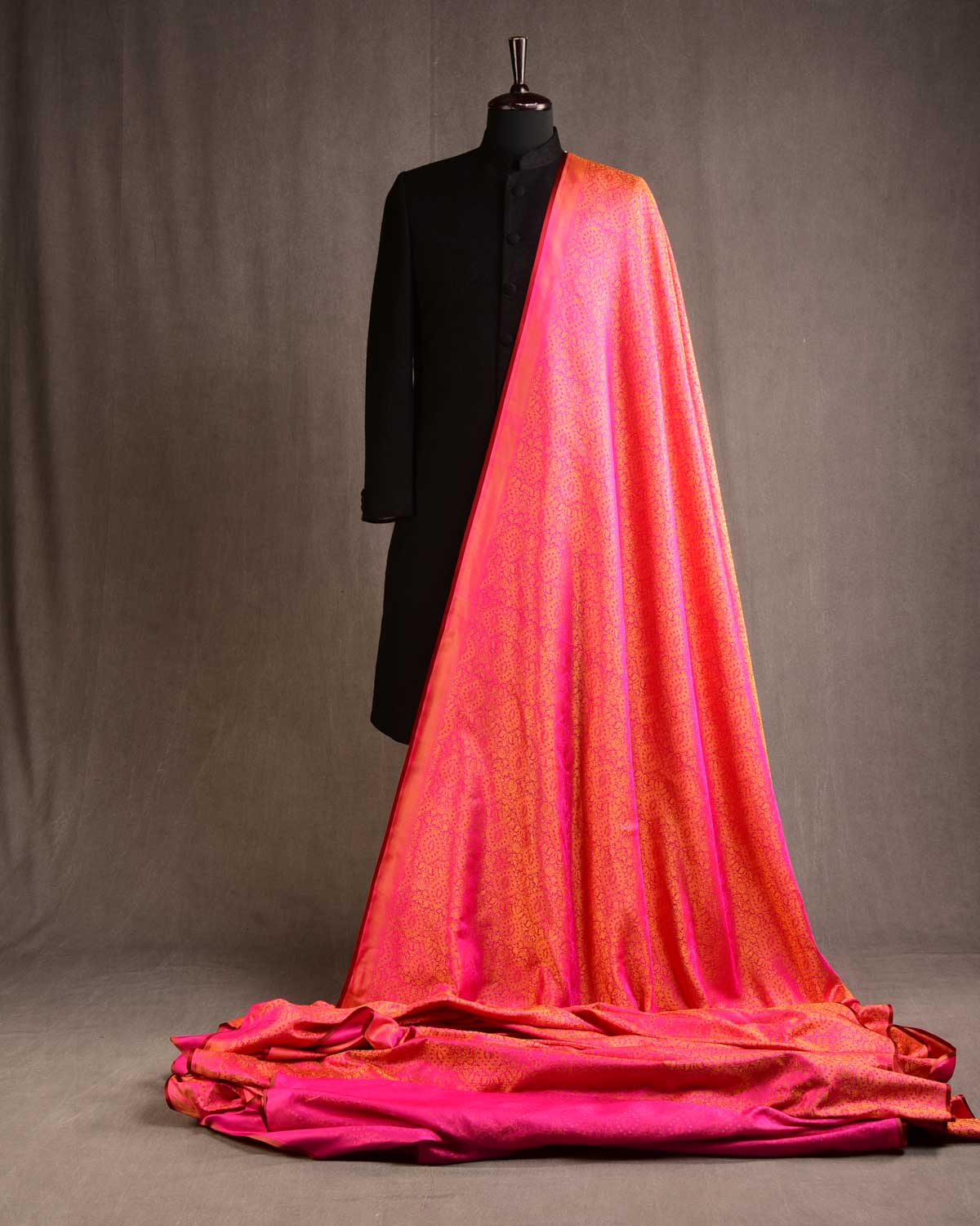 Yellow on Pink Damask Satin Tanchoi Handwoven Katan Silk Banarasi Fabric-HolyWeaves