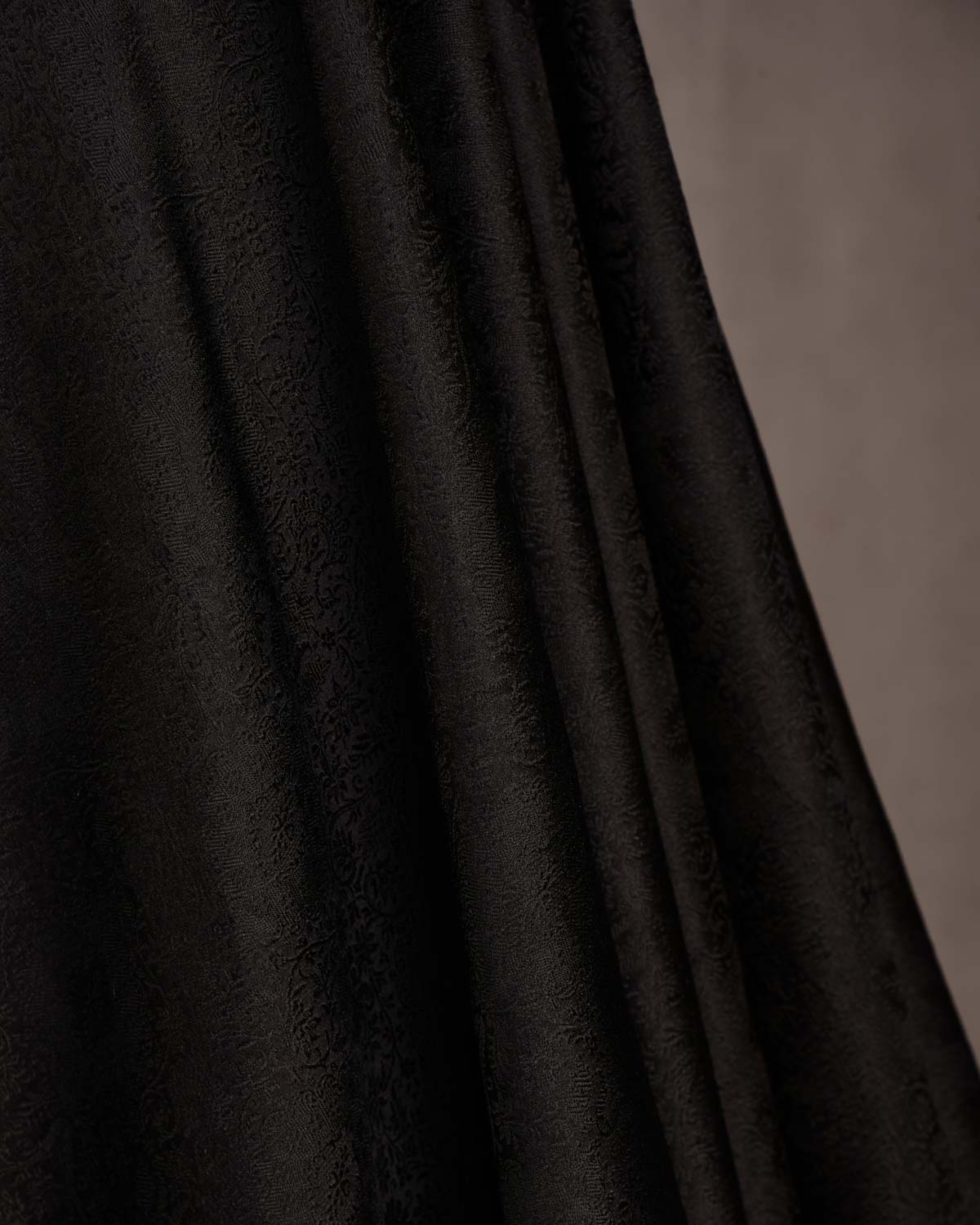 Black Damask Satin Tanchoi Handwoven Katan Silk Banarasi Fabric-HolyWeaves