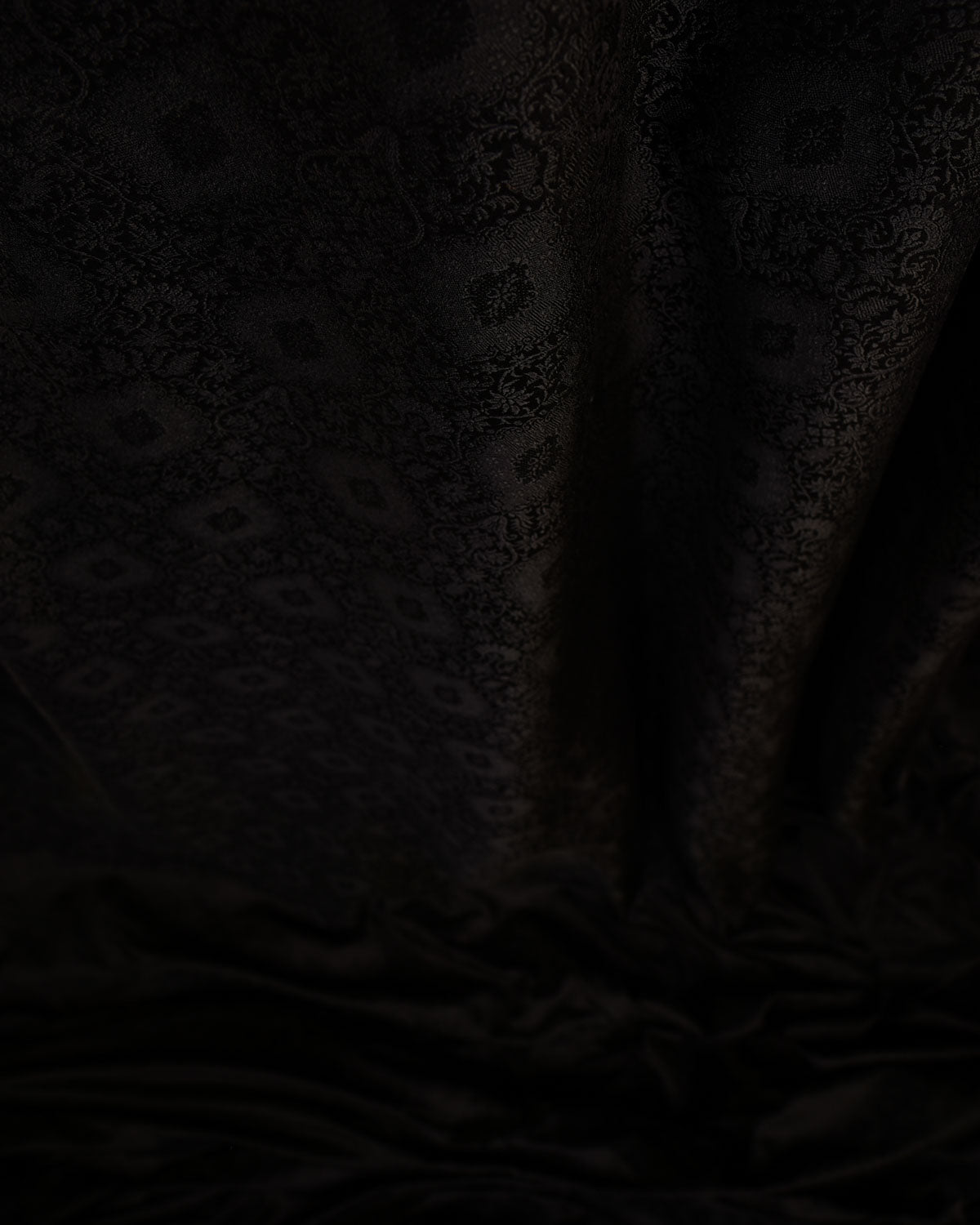 Black Damask Satin Tanchoi Handwoven Katan Silk Banarasi Fabric-HolyWeaves