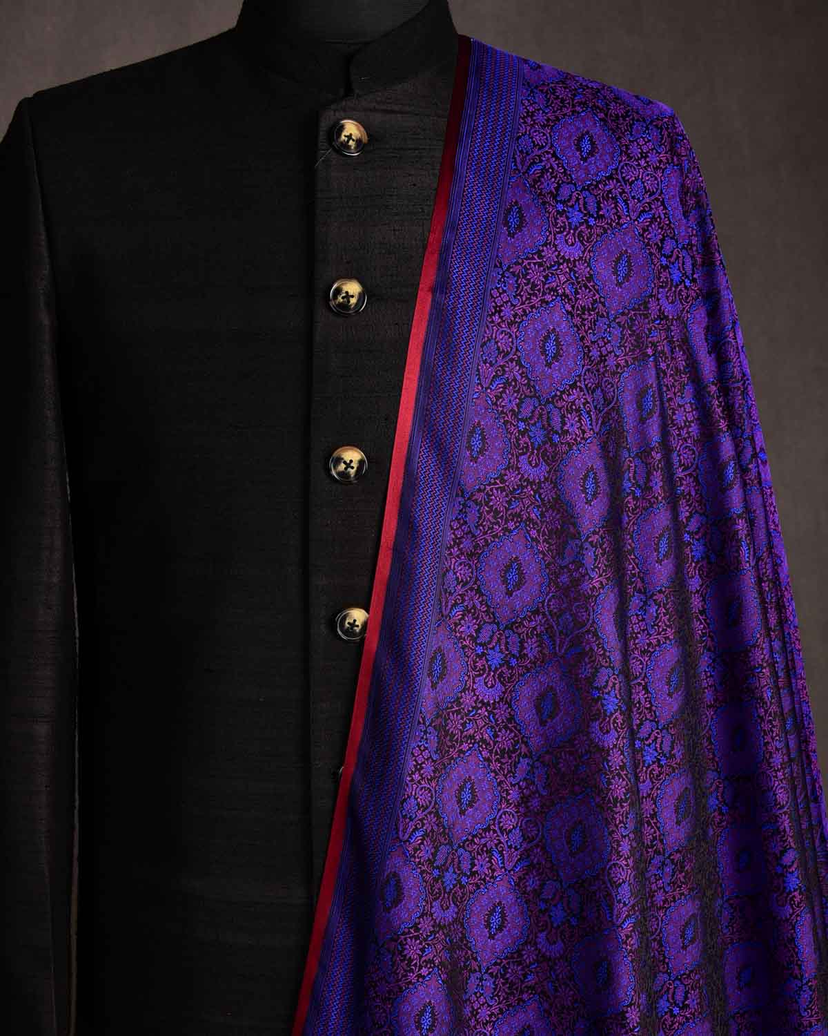 Purple Damask Satin Parora Tanchoi Handwoven Katan Silk Banarasi Fabric-HolyWeaves
