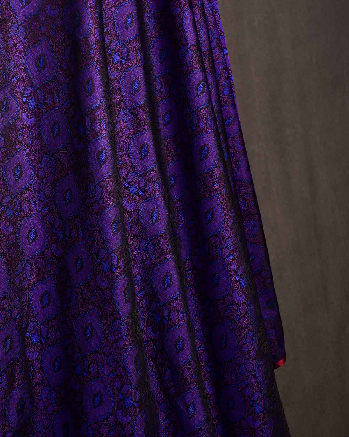 Purple Damask Satin Parora Tanchoi Handwoven Katan Silk Banarasi Fabric-HolyWeaves