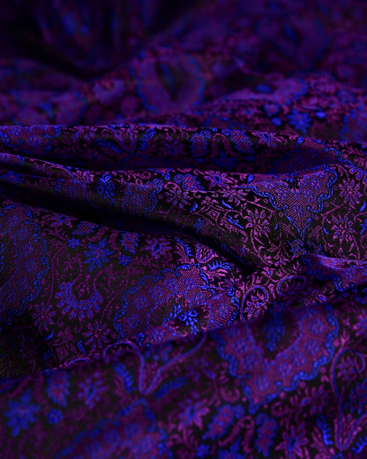Purple Damask Satin Parora Tanchoi Handwoven Katan Silk Banarasi Fabric-HolyWeaves