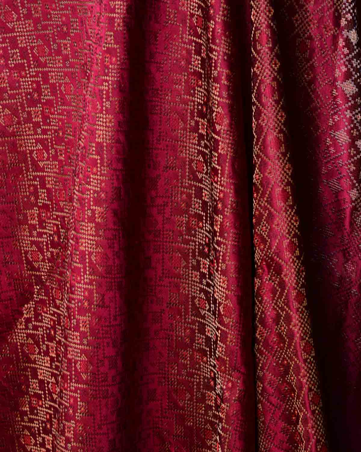 Maroon Luxury Patola Jamawar Brocade Handwoven Katan Silk Banarasi Fabric-HolyWeaves